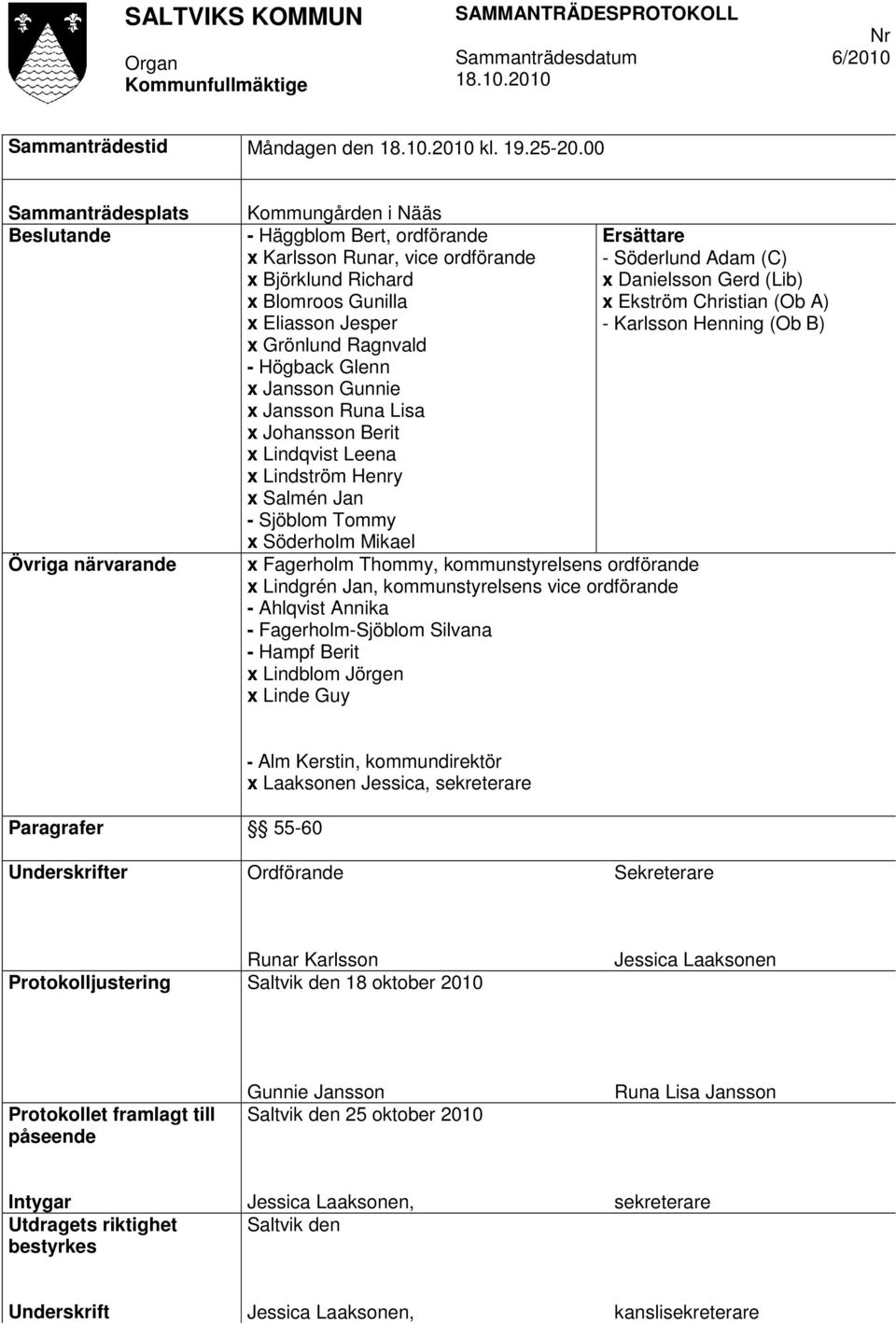 Gerd (Lib) x Blomroos Gunilla x Ekström Christian (Ob A) x Eliasson Jesper - Karlsson Henning (Ob B) x Grönlund Ragnvald - Högback Glenn x Jansson Gunnie x Jansson Runa Lisa x Johansson Berit x