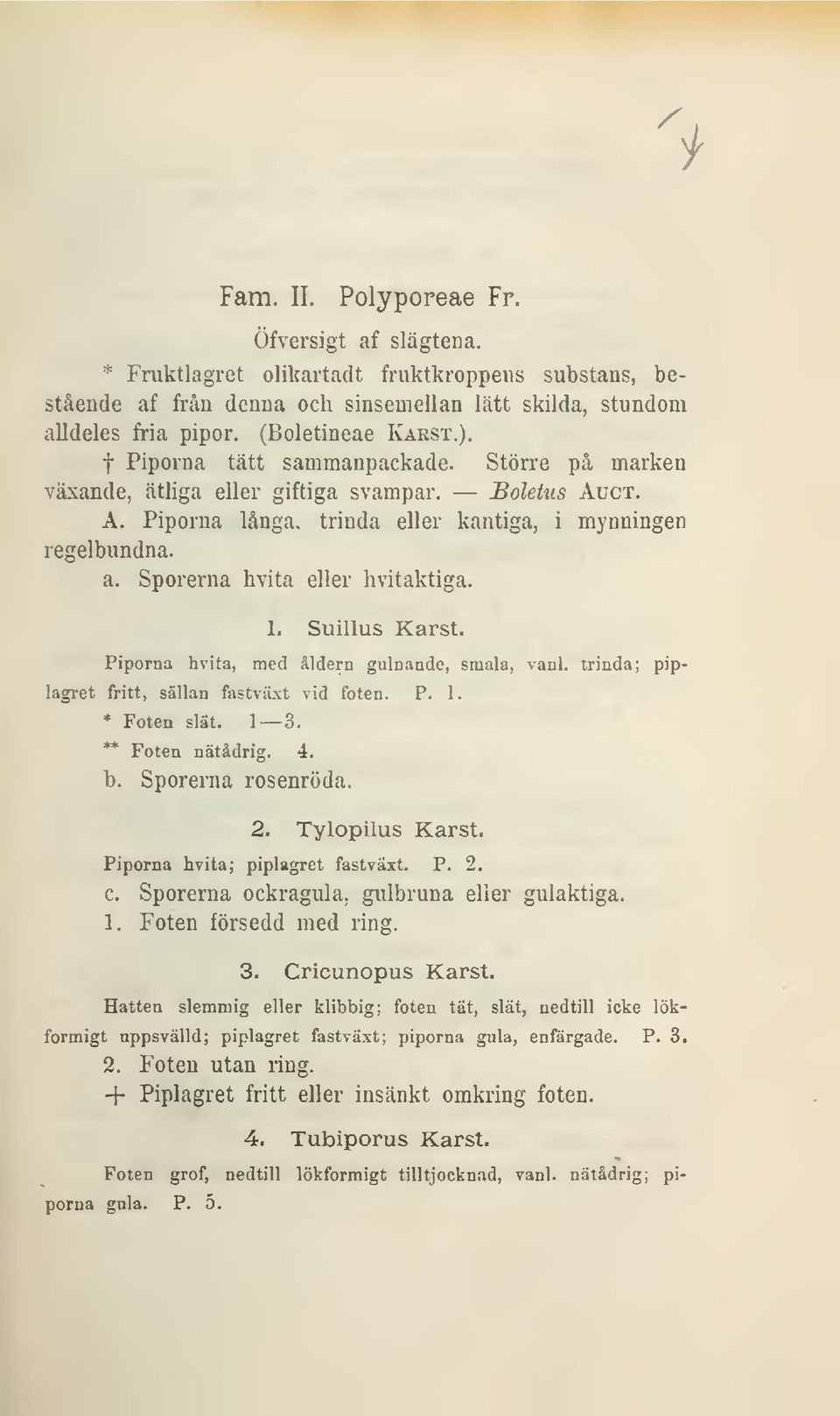 Sporerna hvita eller hvitaktiga. 1. Suillus Karst. Piporna hvita, med åldern gulnande, smala, vanl, trinda; piplagret fritt, sällan fastväxt vid foten. P. 1. * Foten slät. 1 3. ** Foten nätådrig. 4.