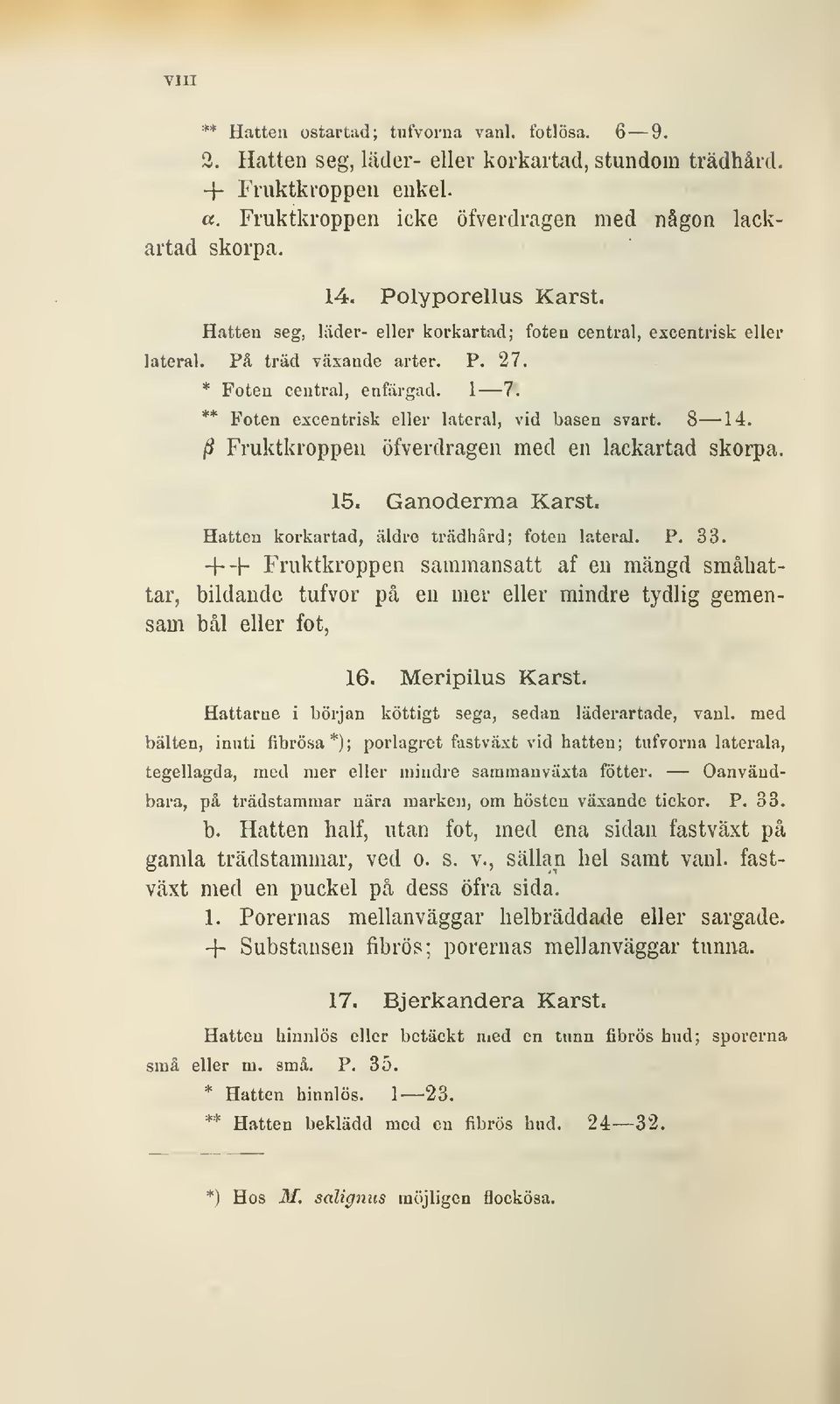 ** Foten excentrisk eller lateral, vid basen svart. 8 14. /S Fruktkroppen öfverdragen med en lackartad skorpa. 15. Ganoderma Karst. Hatten korkartad, äldre trädhärd; foten lateral. P. 33.