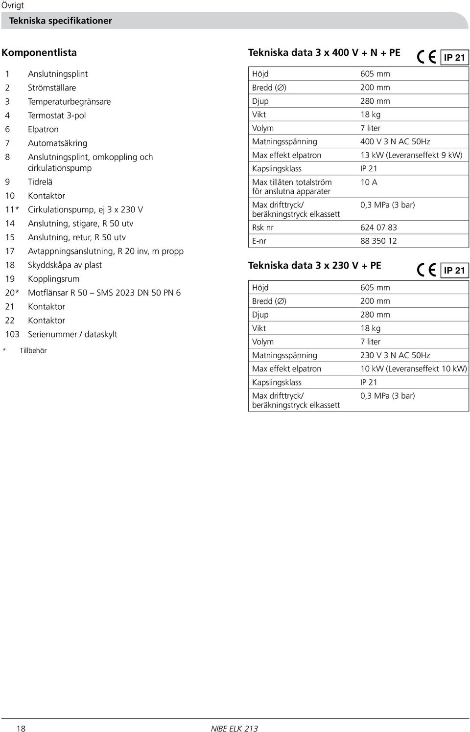 Motflänsar R 50 SMS 20 DN 50 PN 6 2 Kontaktor 22 Kontaktor 03 Serienummer / dataskylt * Tillbehör Tekniska data 3 x 400 V + N + PE Höjd Bredd ( ) Djup Vikt Volym Matningsspänning Max effekt elpatron