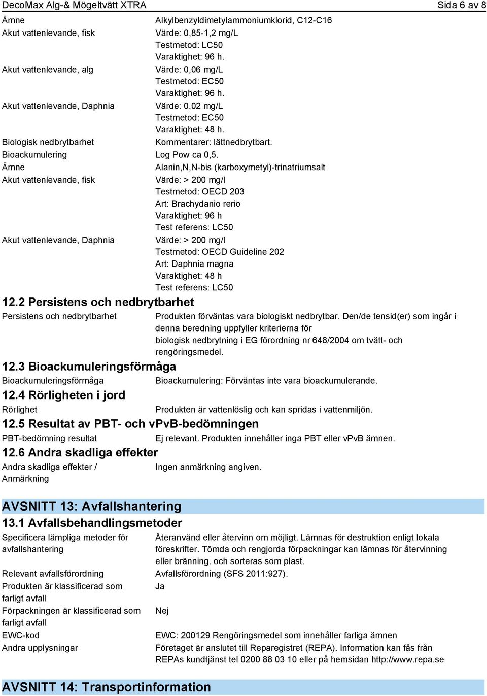 Bioackumulering Log Pow ca 0,5.