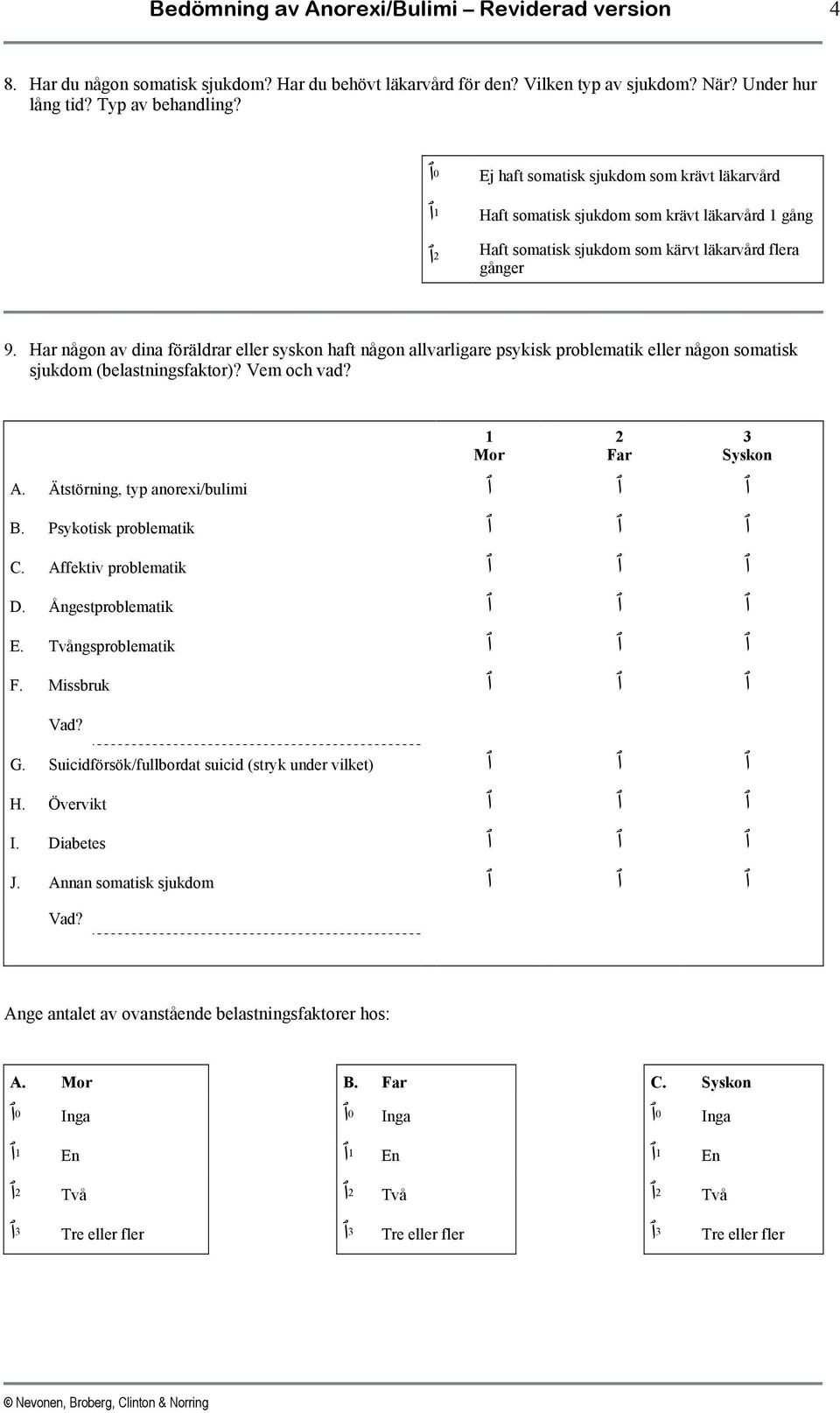 Har någon av dina föräldrar eller syskon haft någon allvarligare psykisk problematik eller någon somatisk sjukdom (belastningsfaktor)? Vem och vad? 1 Mor A. Ätstörning, typ anorexi/bulimi.