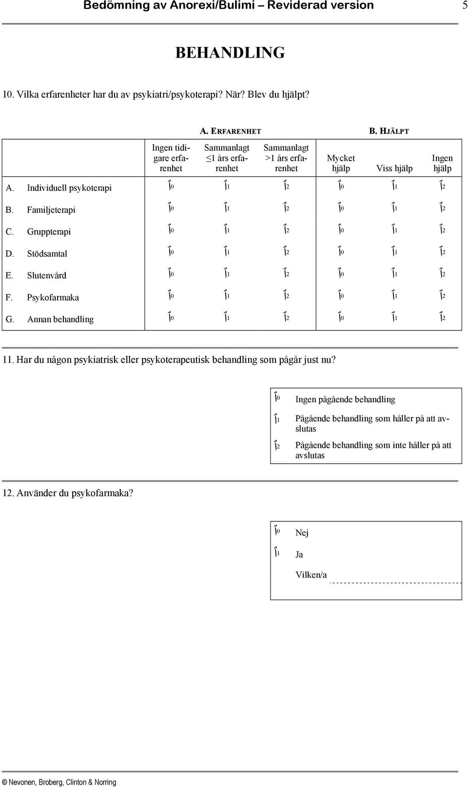 Gruppterapi 0 1 2 0 1 2 D. Stödsamtal 0 1 2 0 1 2 E. Slutenvård 0 1 2 0 1 2 F. Psykofarmaka 0 1 2 0 1 2 G. Annan behandling 0 1 2 0 1 2 11.