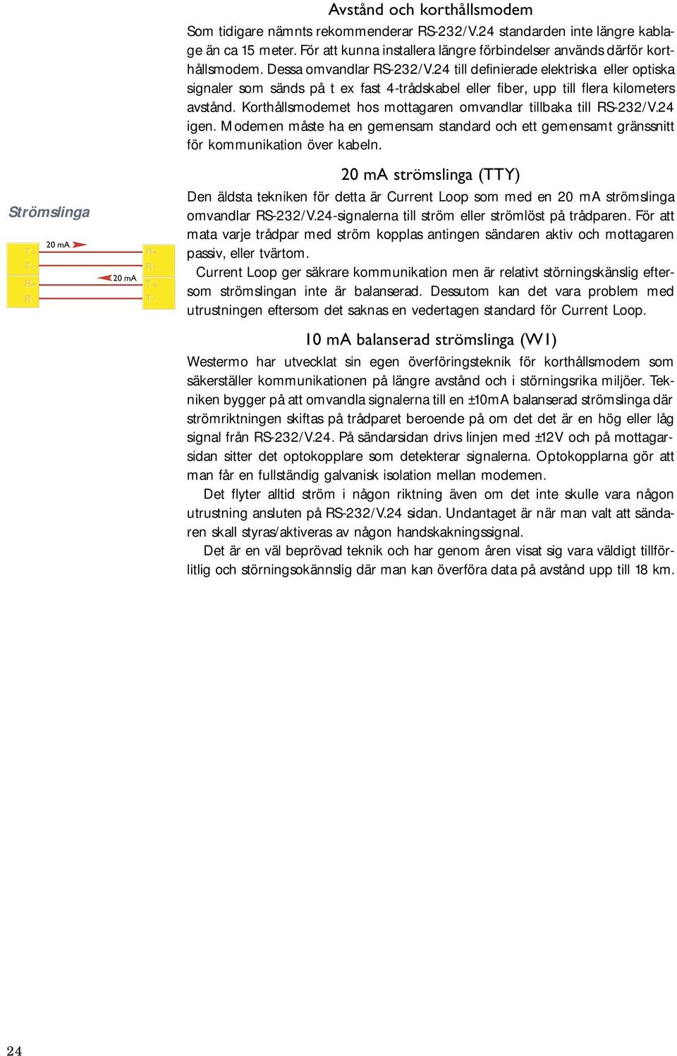 4 till definierade elektriska eller optiska signaler som sänds på t ex fast 4-trådskabel eller fiber, upp till flera kilometers avstånd. Korthållsmodemet hos mottagaren omvandlar tillbaka till RS-/V.