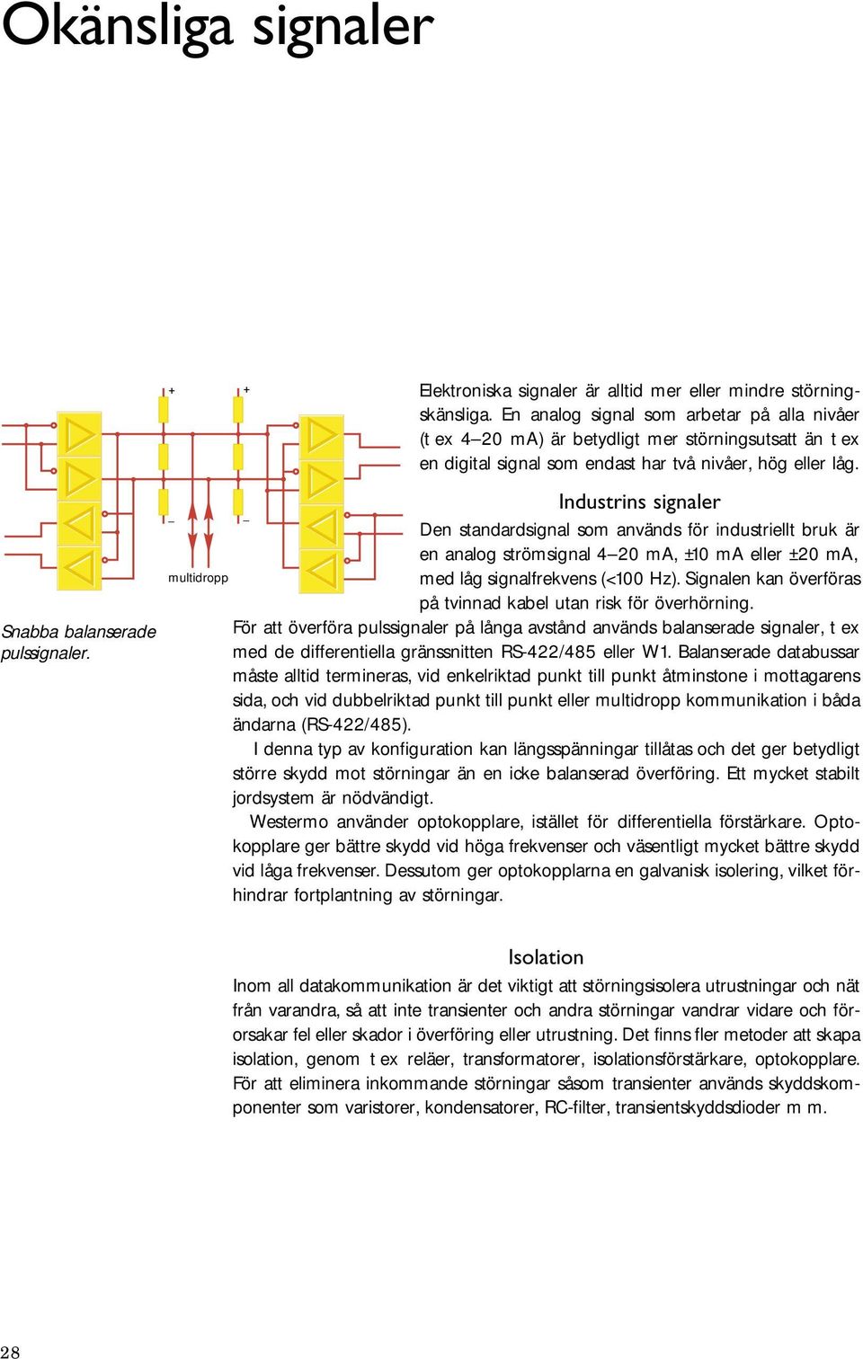 Industrins signaler Den standardsignal som används för industriellt bruk är en analog strömsignal 4 0 ma, ±10 ma eller ±0 ma, med låg signalfrekvens (<100 Hz).