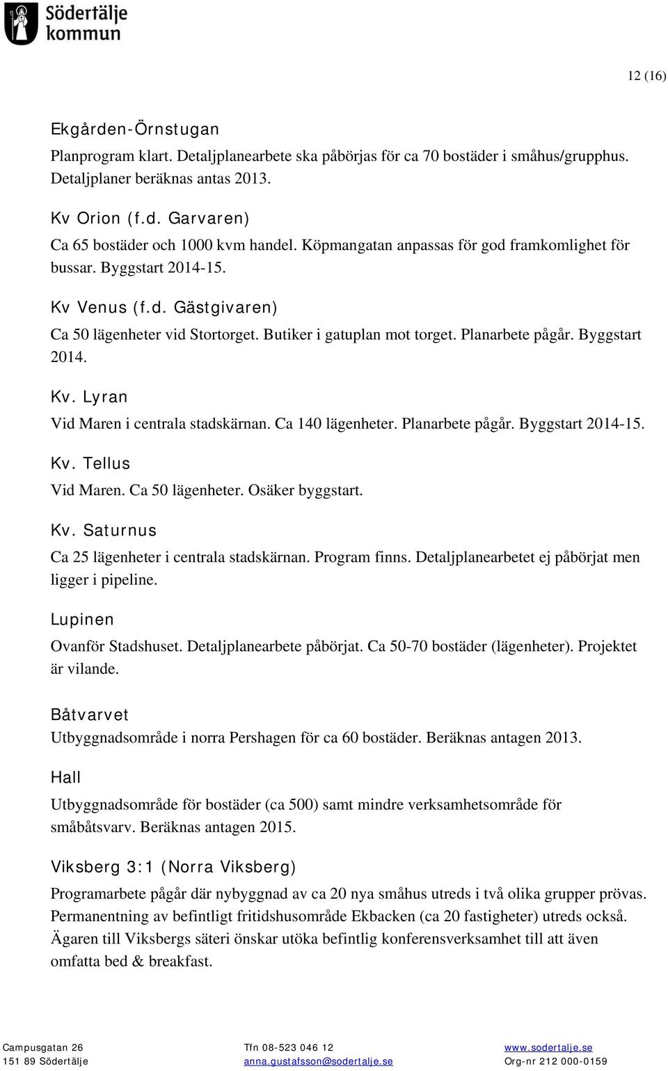 Ca 140 lägenheter. Planarbete pågår. Byggstart 2014-15. Kv. Tellus Vid Maren. Ca 50 lägenheter. Osäker byggstart. Kv. Saturnus Ca 25 lägenheter i centrala stadskärnan. Program finns.