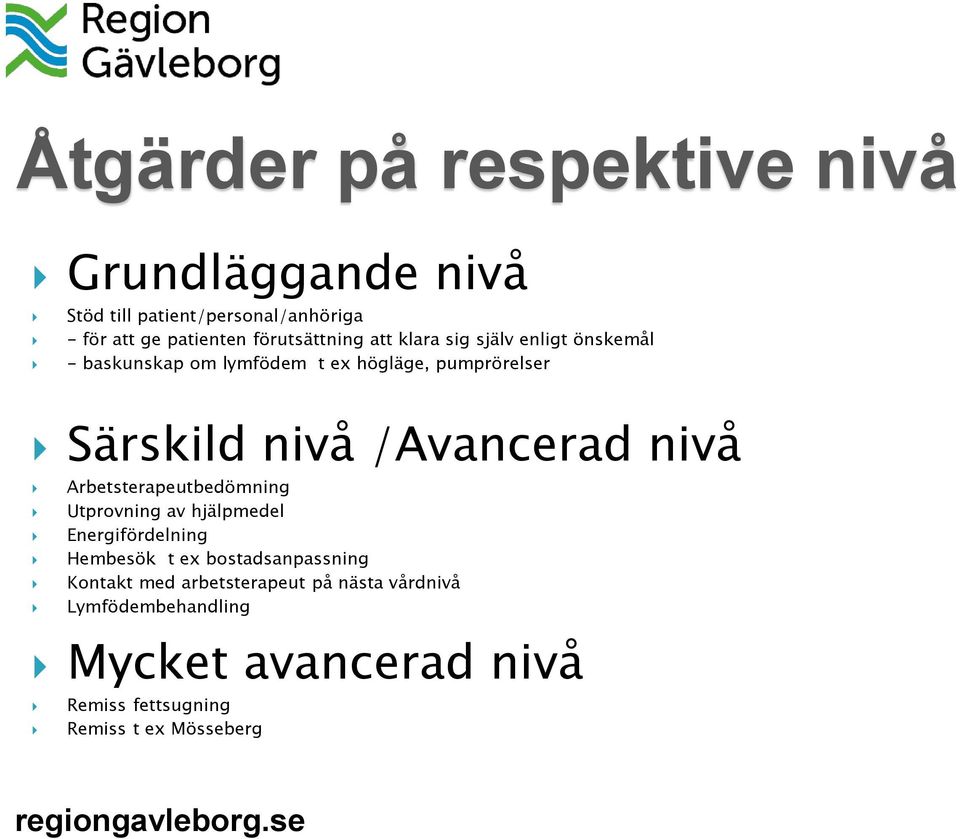 /Avancerad nivå Arbetsterapeutbedömning Utprovning av hjälpmedel Energifördelning Hembesök t ex bostadsanpassning