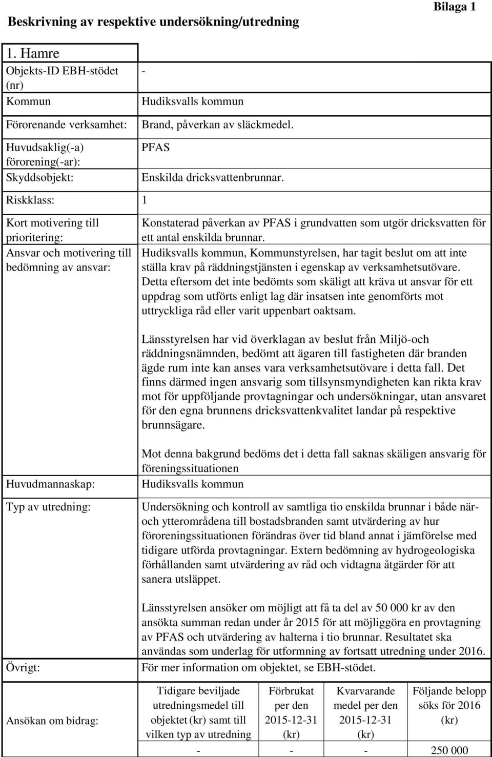 Riskklass: 1 Kort motivering till prioritering: Ansvar och motivering till bedömning av ansvar: Konstaterad påverkan av PFAS i grundvatten som utgör dricksvatten för ett antal enskilda brunnar.