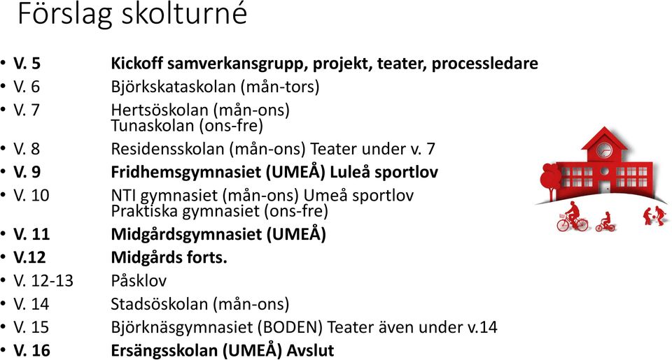 9 Fridhemsgymnasiet (UMEÅ) Luleå sportlov V. 10 NTI gymnasiet (mån-ons) Umeå sportlov Praktiska gymnasiet (ons-fre) V.