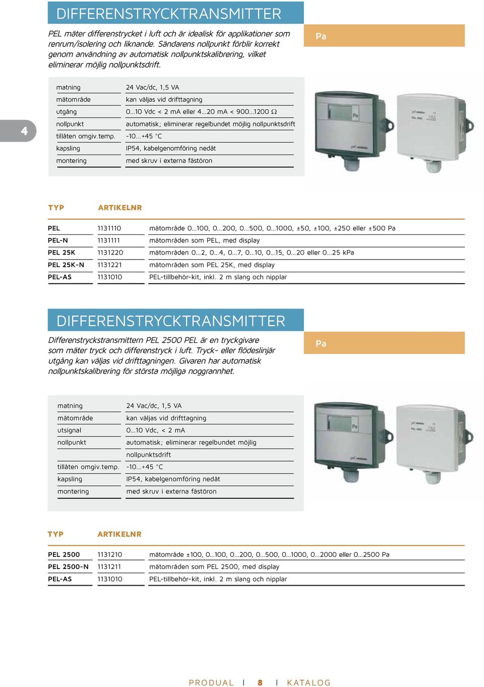 Pa 4 24 Vac/dc, 1,5 VA mätområde kan väljas vid drifttagning utgång 0 10 Vdc < 2 ma eller 4 20 ma < 900 1200 Ω nollpunkt automatisk; eliminerar regelbundet möjlig nollpunktsdrift tillåten omgiv.temp.