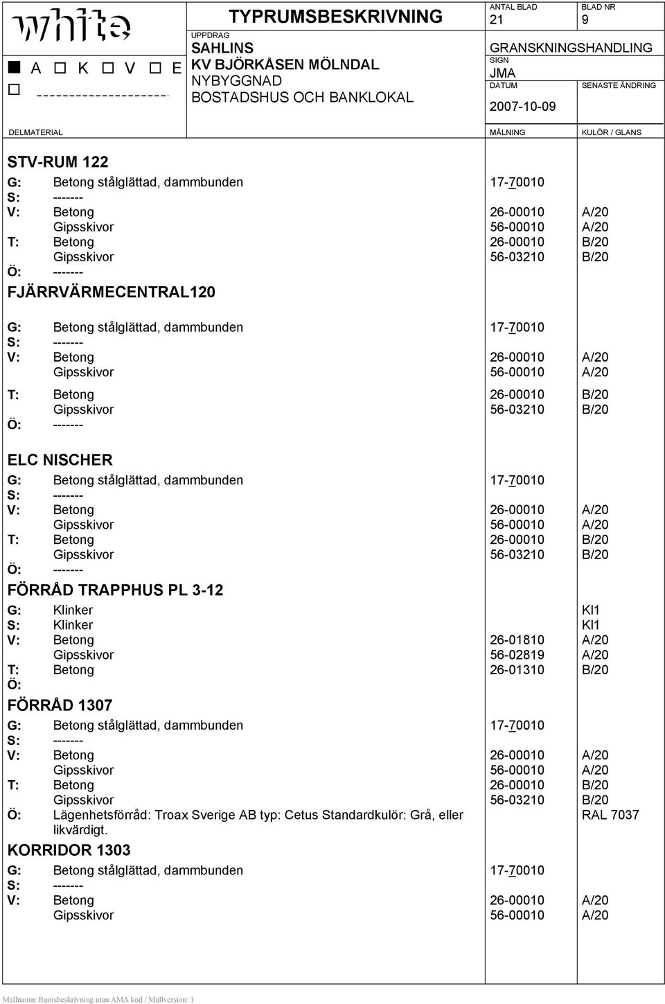 FÖRRÅD TRAPPHUS PL 3-12 G: Klinker Kl1 S: Klinker Kl1 56-02819 26-01310 Ö: FÖRRÅD 1307 G: Betong stålglättad, dammbunden 17-70010 S: ------- Ö: