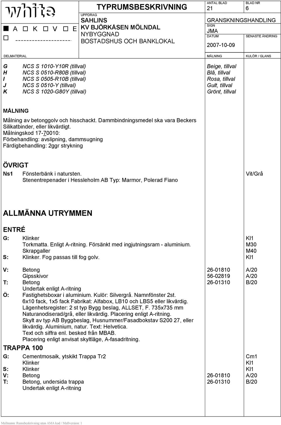 Målningskod 17-70010: Förbehandling: avslipning, dammsugning Färdigbehandling: 2ggr strykning ÖVRIGT Ns1 Fönsterbänk i natursten.