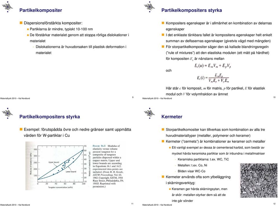 egenskaper helt enkelt summan av delfasernas egenskaper (givetvis vägd med mängden) För storpartikelkompositer säger den så kallade blandningsregeln ( rule of mixtures ) att den elastiska modulen