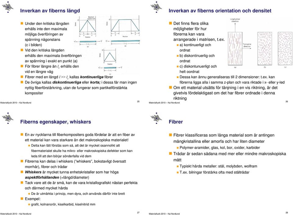 kallas diskontinuerliga eller korta; i dessa får man ingen nyttig fiberförstärkning, utan de fungerar som partikelförstärkta kompositer 25 Det finns flera olika möjligheter för hur fibrerna kan vara