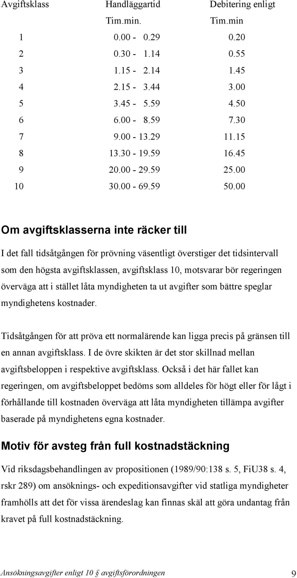 00 Om avgiftsklasserna inte räcker till I det fall tidsåtgången för prövning väsentligt överstiger det tidsintervall som den högsta avgiftsklassen, avgiftsklass 10, motsvarar bör regeringen överväga