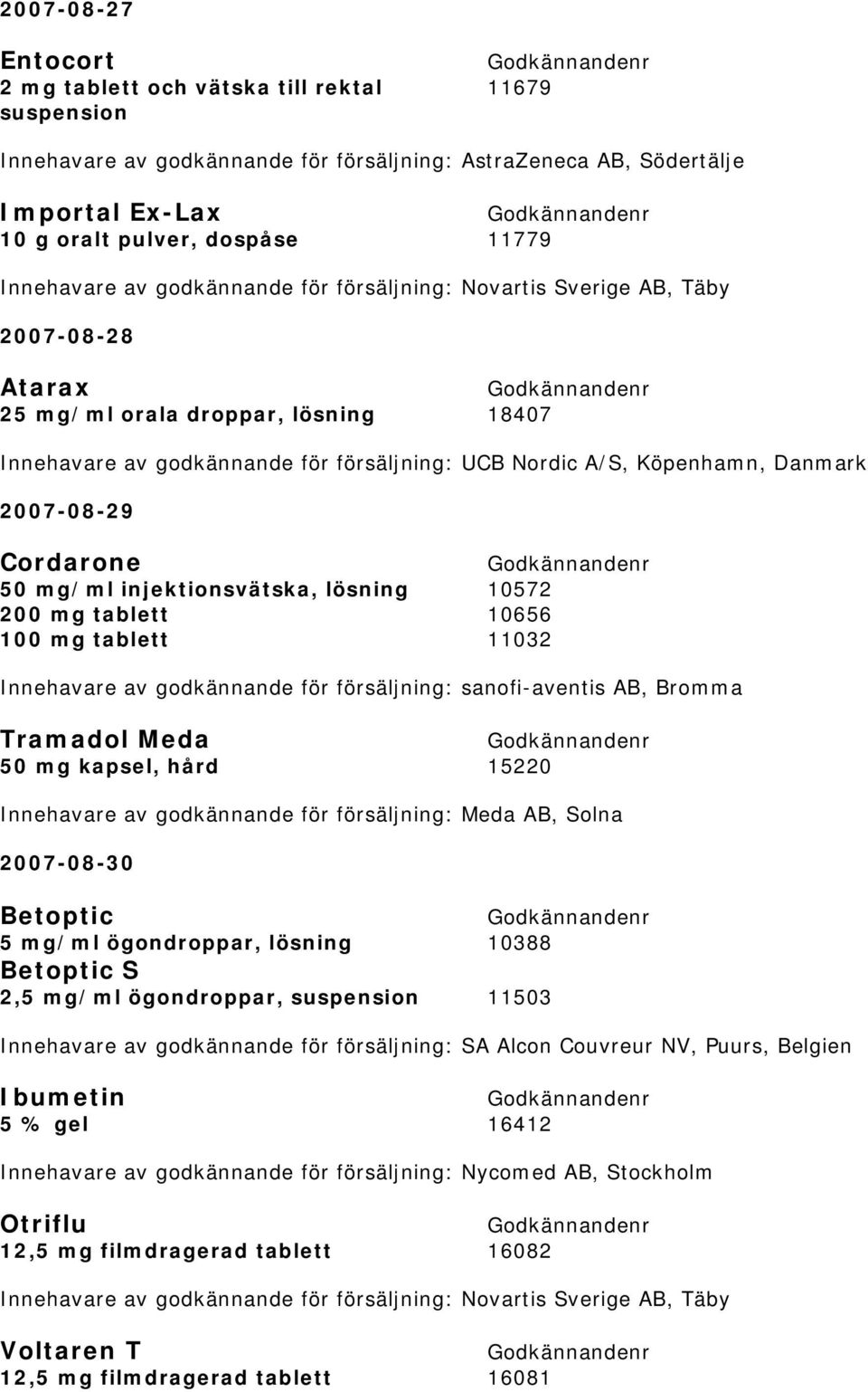 Danmark 2007-08-29 Cordarone 50 mg/ml injektionsvätska, lösning 10572 200 mg tablett 10656 100 mg tablett 11032 Innehavare av godkännande för försäljning: sanofi-aventis AB, Bromma Tramadol Meda 50