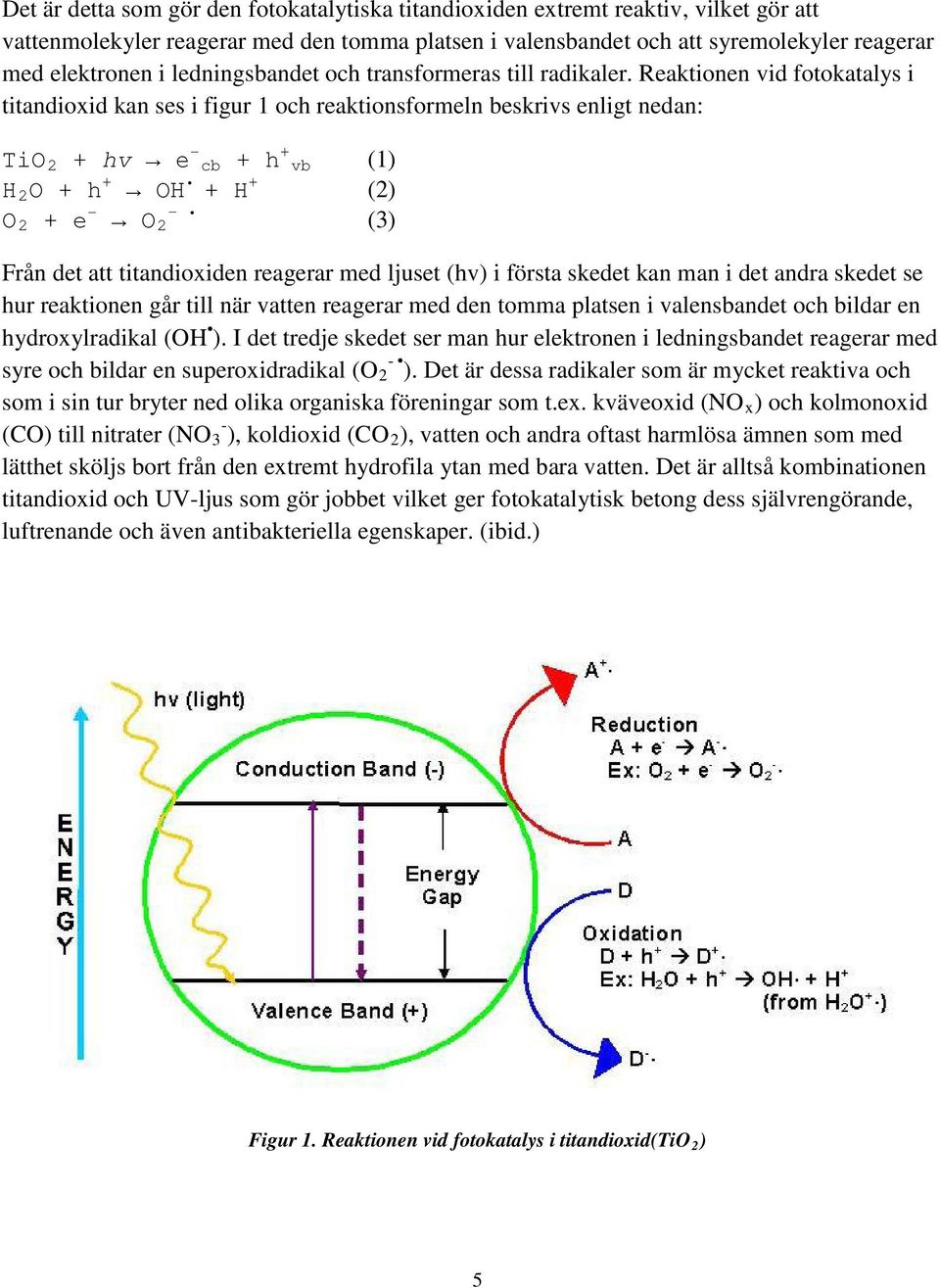 Reaktionen vid fotokatalys i titandioxid kan ses i figur 1 och reaktionsformeln beskrivs enligt nedan: TiO 2 + hv e - cb + h + vb H2O + h + OH + H + O2 + e - - O 2 (1) (2) (3) Från det att