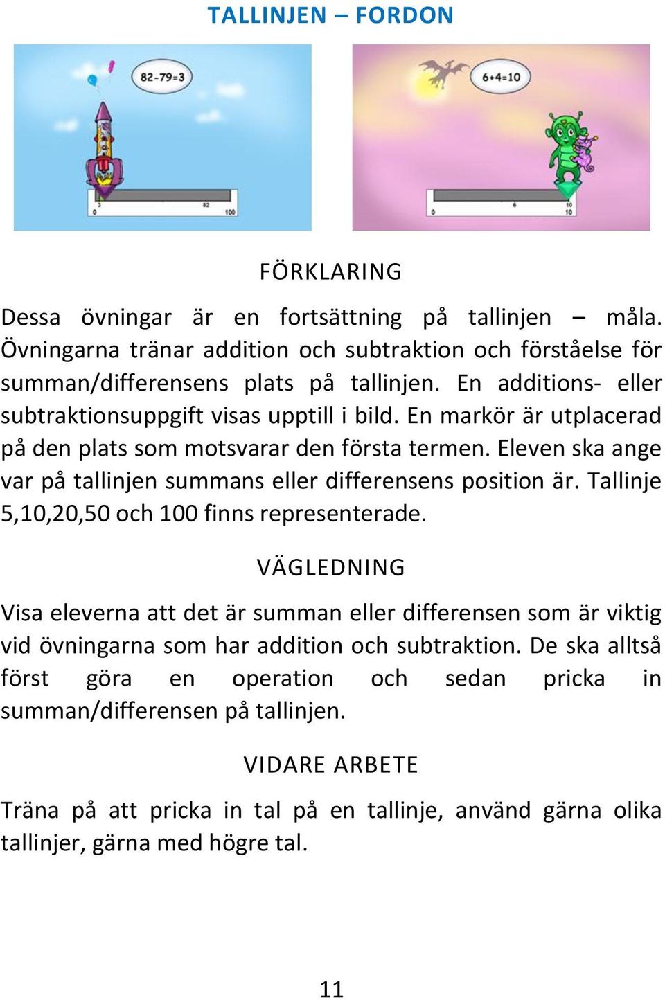 Eleven ska ange var på tallinjen summans eller differensens position är. Tallinje 5,10,20,50 och 100 finns representerade.