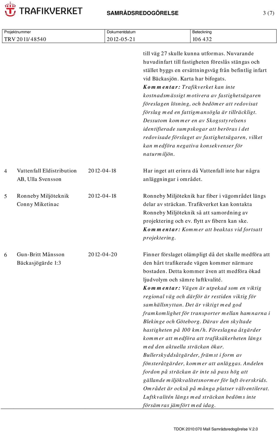 Kommentar: Trafikverket kan inte kostnadsmässigt motivera av fastighetsägaren föreslagen lösning, och bedömer att redovisat förslag med en fattigmansögla är tillräckligt.