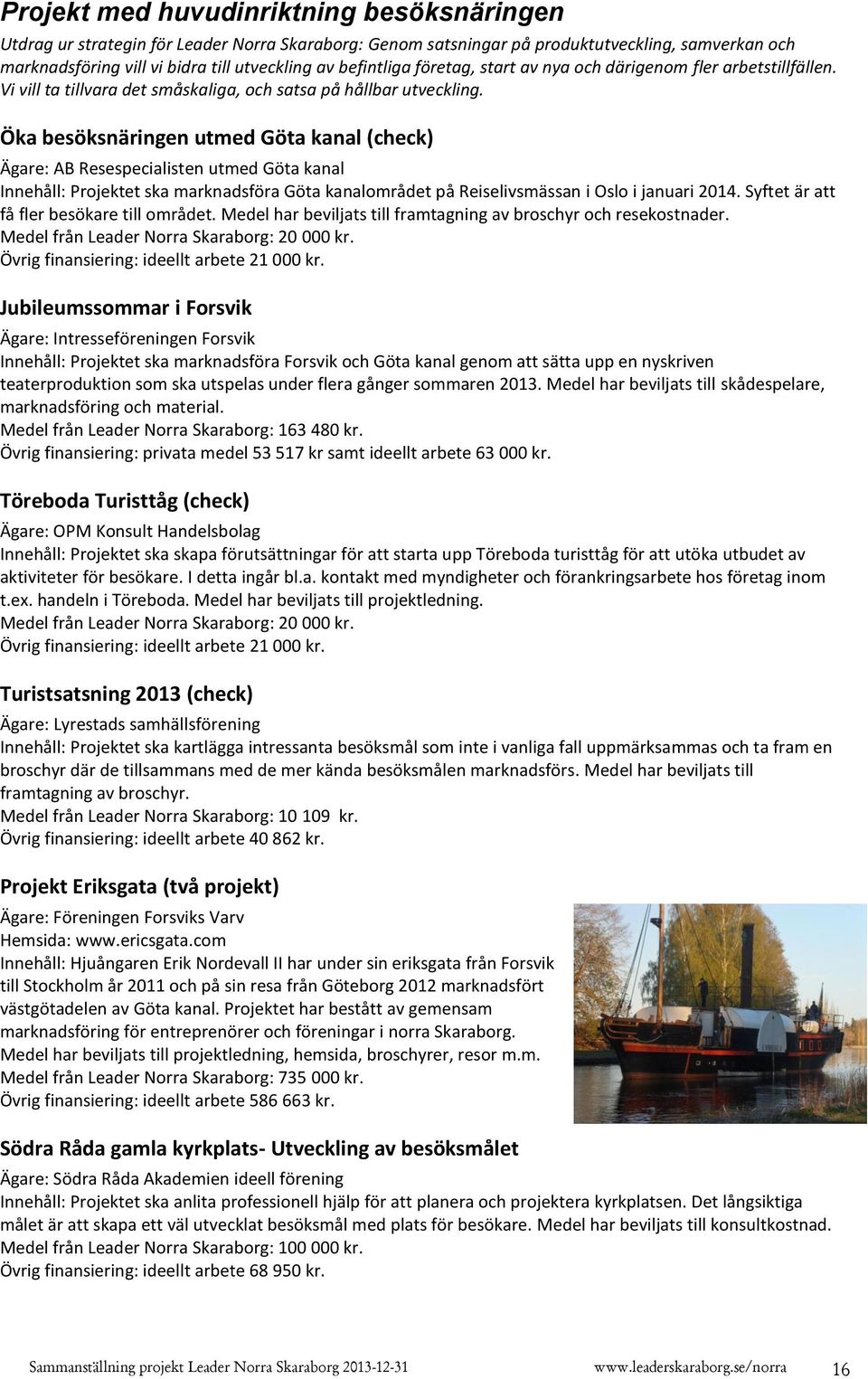 Öka besöksnäringen utmed Göta kanal (check) Ägare: AB Resespecialisten utmed Göta kanal Innehåll: Projektet ska marknadsföra Göta kanalområdet på Reiselivsmässan i Oslo i januari 2014.