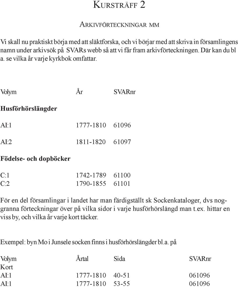 Volym År SVARnr Husförhörslängder AI:1 1777-1810 61096 AI:2 1811-1820 61097 Födelse- och dopböcker C:1 1742-1789 61100 C:2 1790-1855 61101 För en del församlingar i landet har man