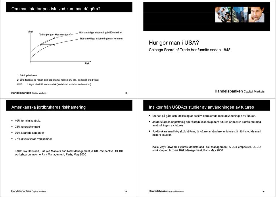 Öka finansiella risken och köp mark / maskiner / etc / som ger ökad vinst Högre vinst till samma risk (variation i intäkter mellan åren) 13 Amerikanska jordbrukares riskhantering 40% terminskontrakt