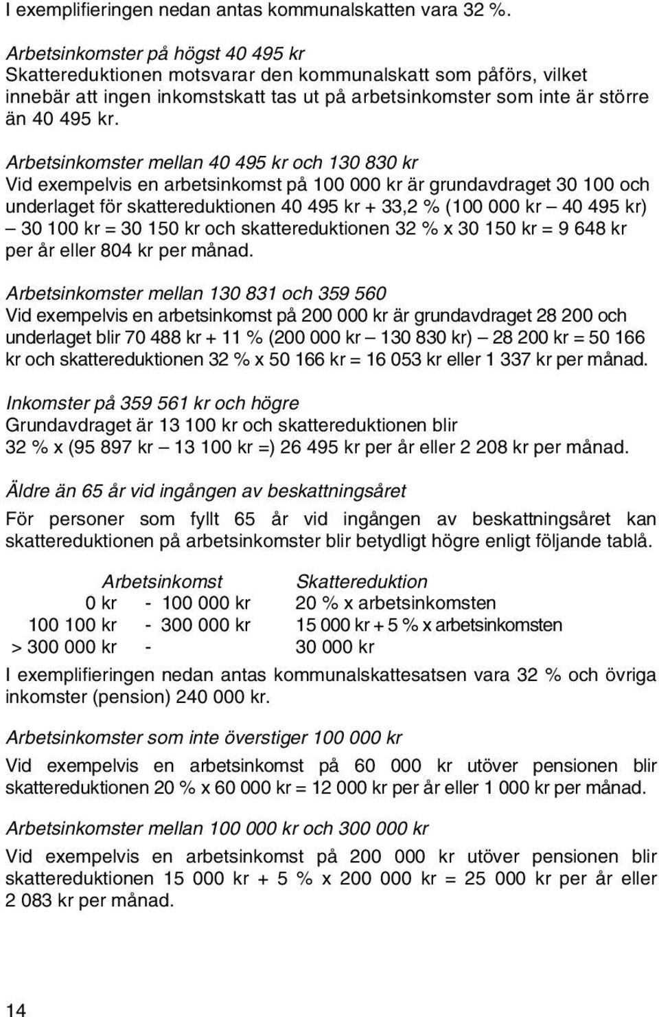 Arbetsinkomster mellan 40 495 kr och 130 830 kr Vid exempelvis en arbetsinkomst på 100 000 kr är grundavdraget 30 100 och underlaget för skattereduktionen 40 495 kr + 33,2 % (100 000 kr 40 495 kr) 30