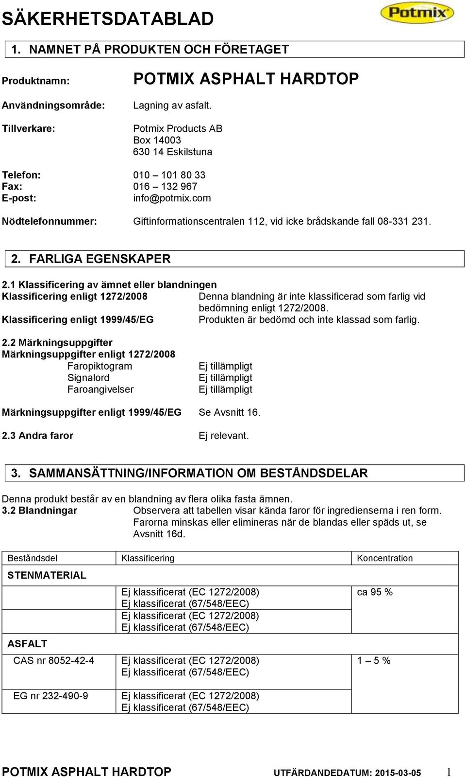 1. 2. FARLIGA EGENSKAPER 2.1 Klassificering av ämnet eller blandningen Klassificering enligt 1272/2008 Denna blandning är inte klassificerad som farlig vid bedömning enligt 1272/2008.