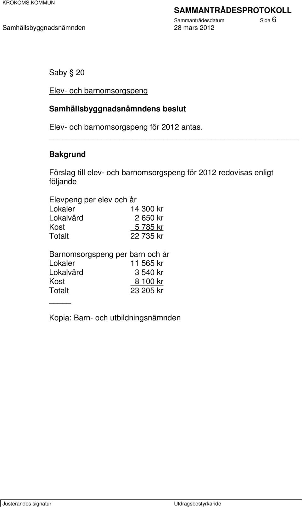 Lokaler 14 300 kr Lokalvård 2 650 kr Kost 5 785 kr Totalt 22 735 kr Barnomsorgspeng per barn och år