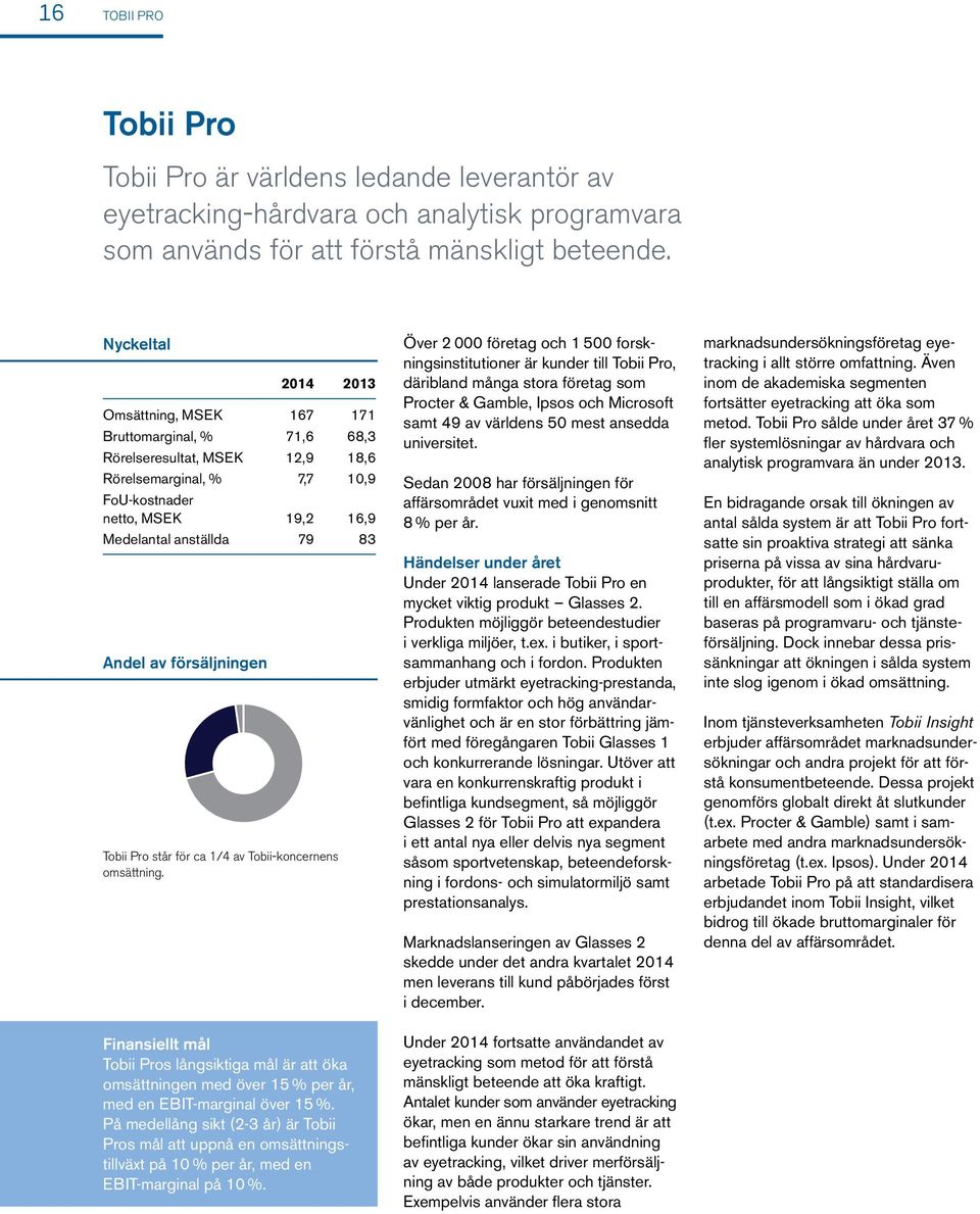 Andel av försäljningen Tobii Pro står för ca 1/4 av Tobii koncernens omsättning.