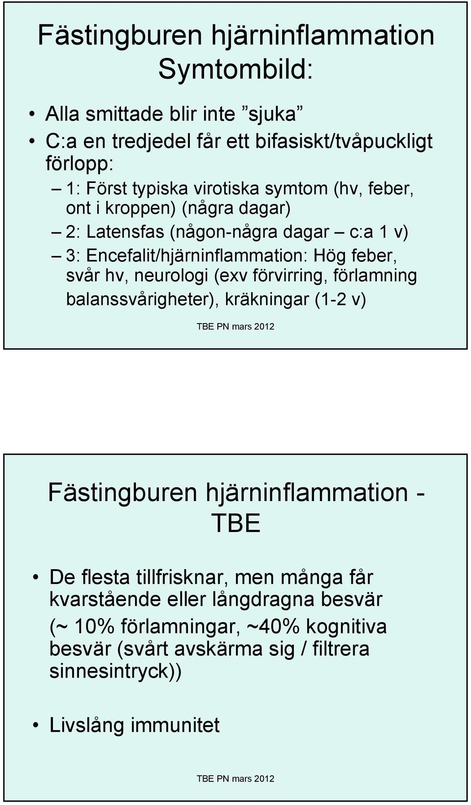 hv, neurologi (exv förvirring, förlamning balanssvårigheter), kräkningar (1-2 v) Fästingburen hjärninflammation - TBE De flesta tillfrisknar, men