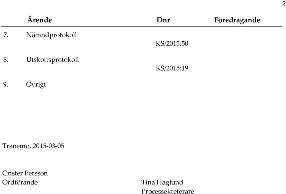 Utskottsprotokoll KS/2015:50 KS/2015:19 9.