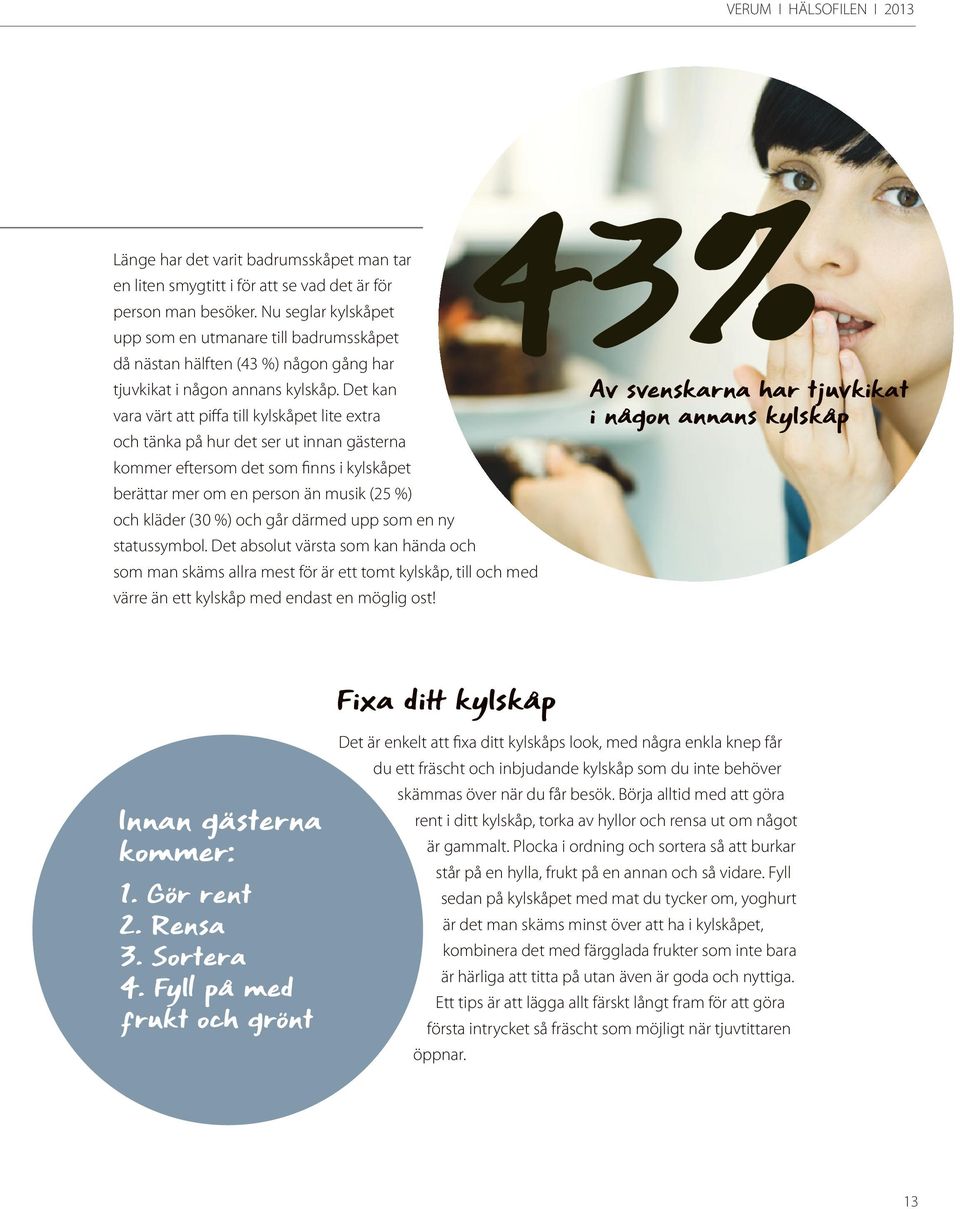 Det kan vara värt att piffa till kylskåpet lite extra och tänka på hur det ser ut innan gästerna kommer eftersom det som finns i kylskåpet berättar mer om en person än musik (25 %) och kläder (30 %)