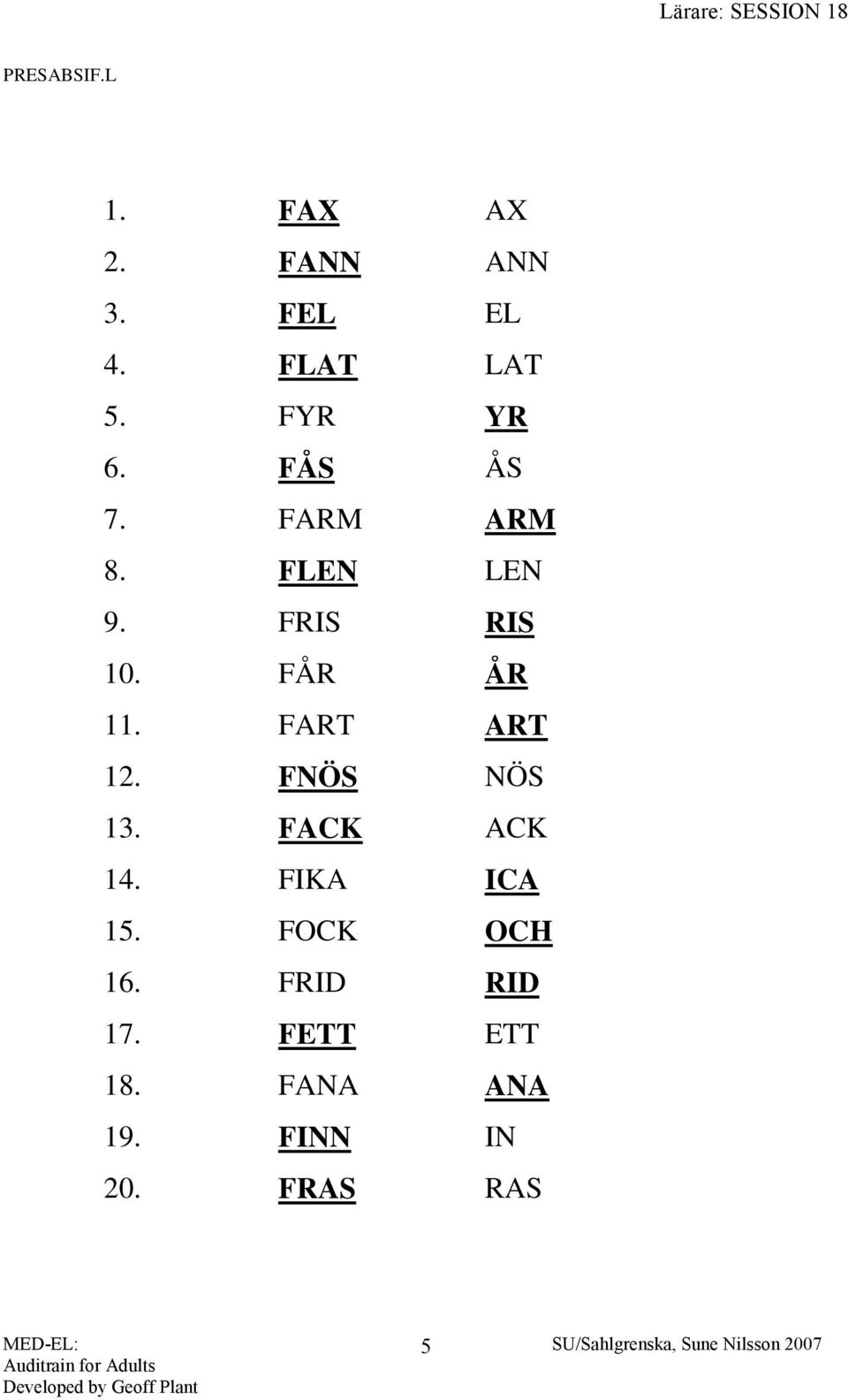 FÅR ÅR 11. FART ART 12. FNÖS NÖS 13. FACK ACK 14. FIKA ICA 15.