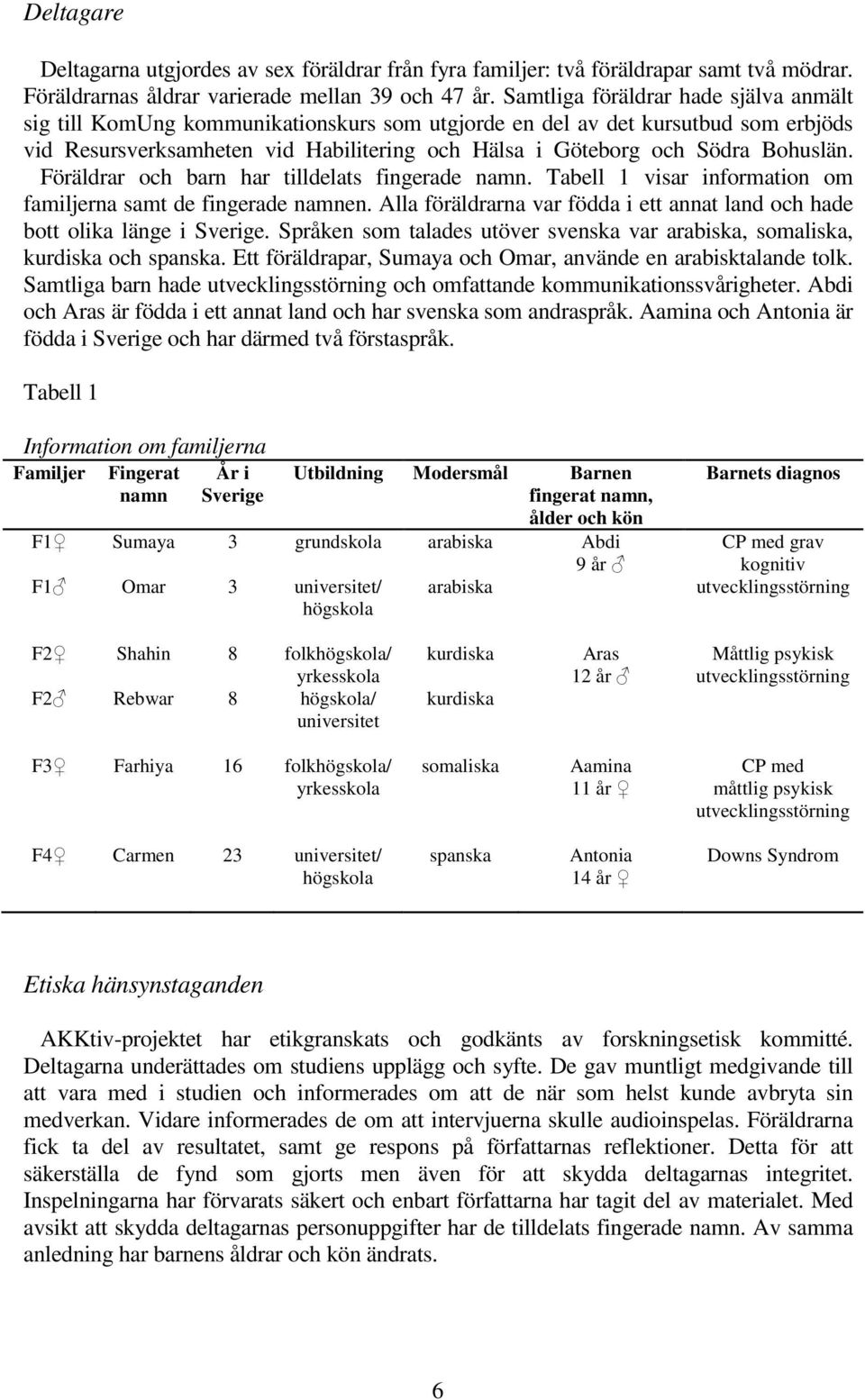 Bohuslän. Föräldrar och barn har tilldelats fingerade namn. Tabell 1 visar information om familjerna samt de fingerade namnen.