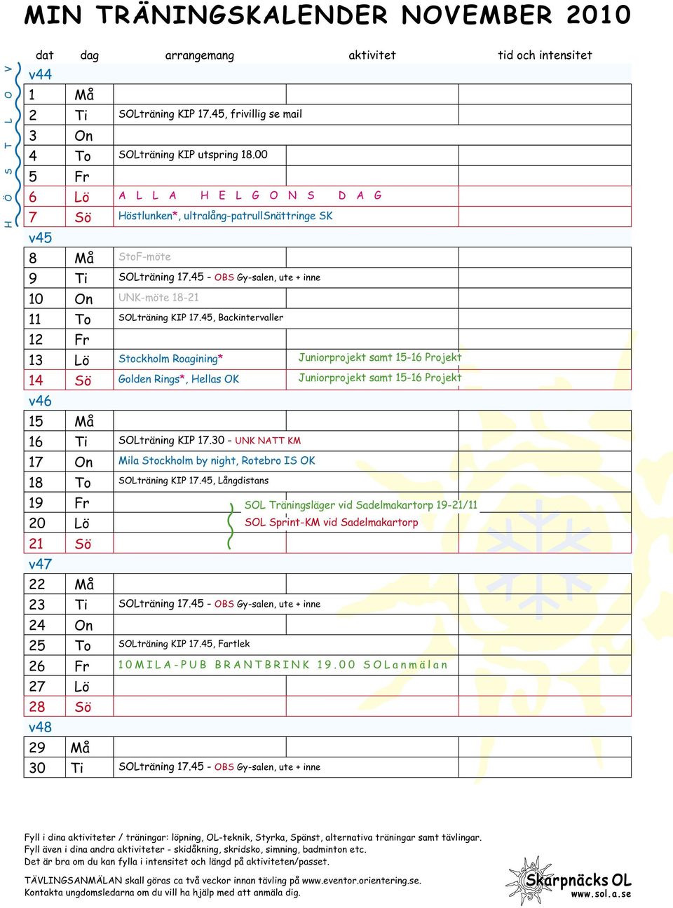 45 - OBS Gy-salen, ute + inne 10 On UNK-möte 18-21 11 To SOLträning KIP 17.45, Backintervaller 12 Fr 13 Lö Stockholm Roagining* 14 Sö Golden Rings*, Hellas OK v46 15 Må 16 Ti SOLträning KIP 17.