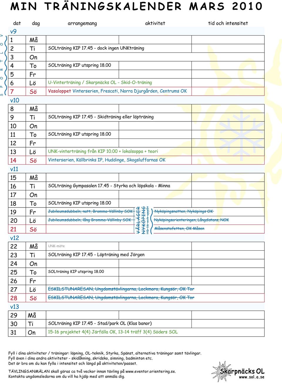 45 - Skidträning eller löpträning 10 On 11 To SOLträning KIP utspring 18.00 12 Fr 13 Lö UNK-vinterträning från KIP 10.