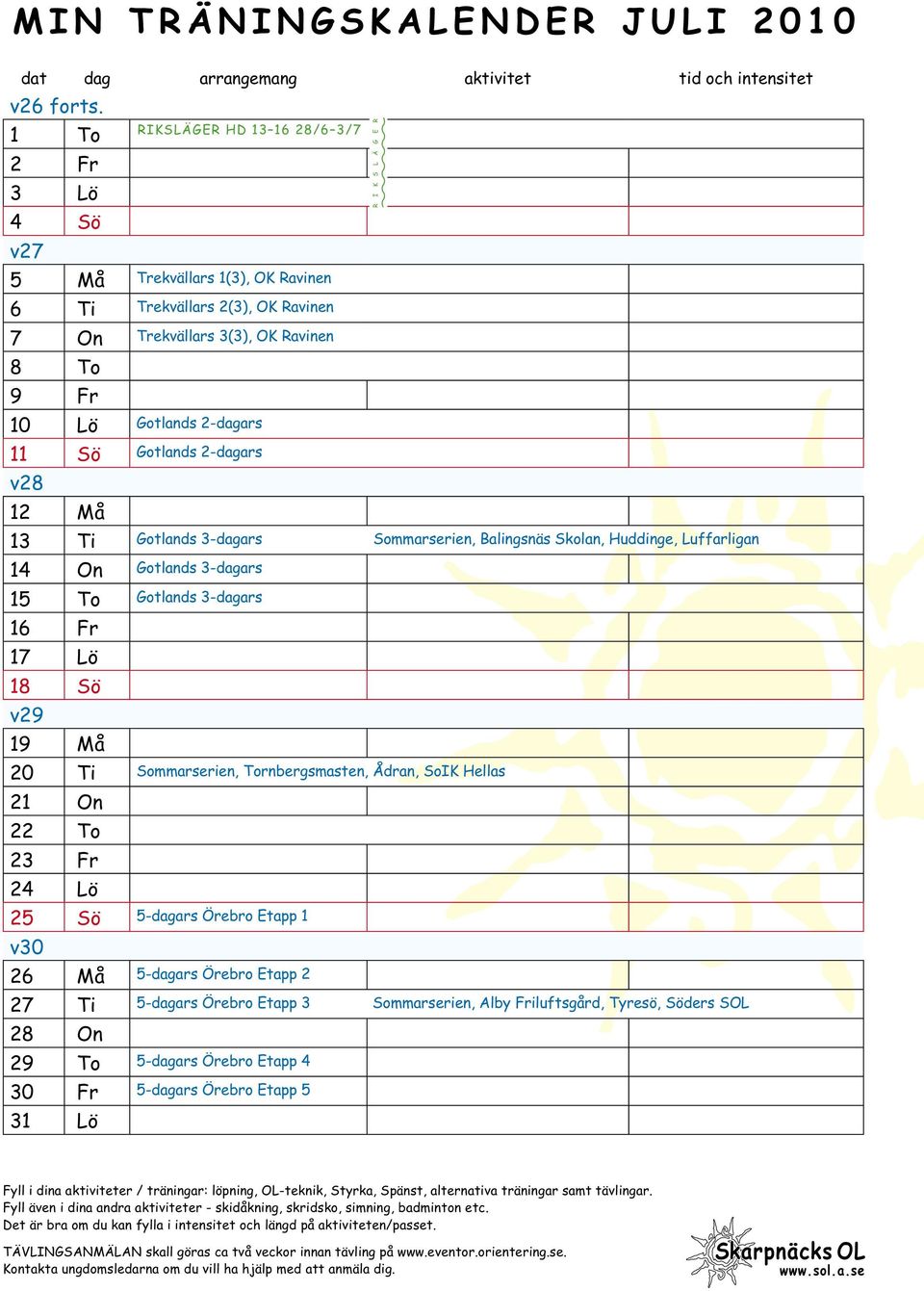 10 Lö Gotlands 2-dagars 11 Sö Gotlands 2-dagars v28 12 Må 13 Ti Gotlands 3-dagars Sommarserien, Balingsnäs Skolan, Huddinge, Luffarligan 14 On Gotlands 3-dagars 15 To Gotlands