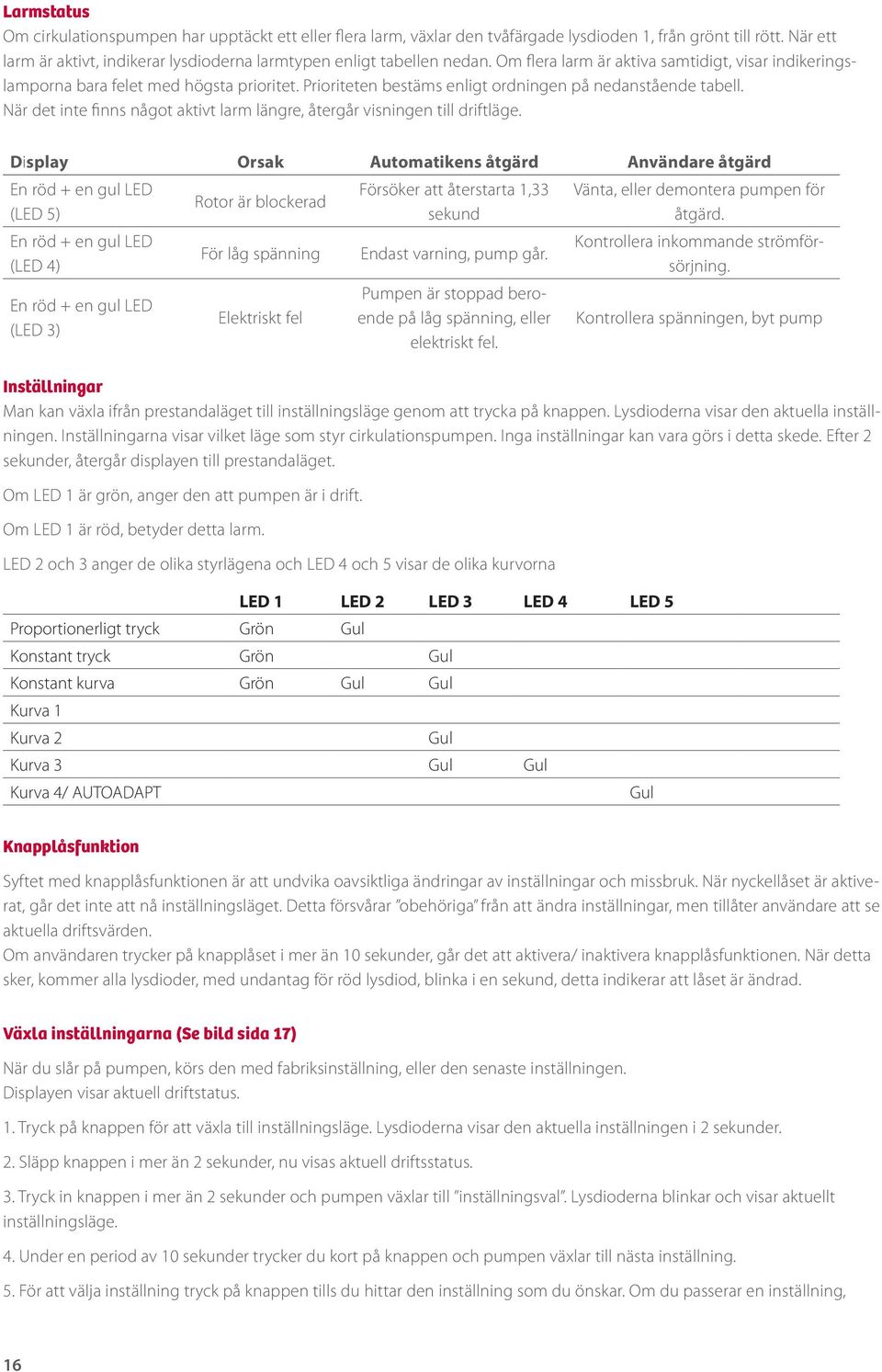 Prioriteten bestäms enligt ordningen på nedanstående tabell. När det inte finns något aktivt larm längre, återgår visningen till driftläge.