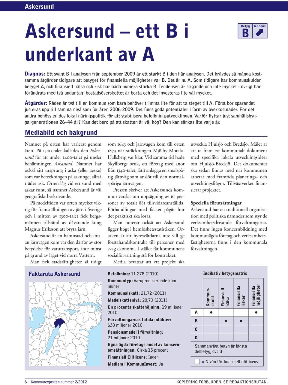 Som tidigare har kommunskulden betyget A, och finansiell hälsa och risk har båda numera starka B.