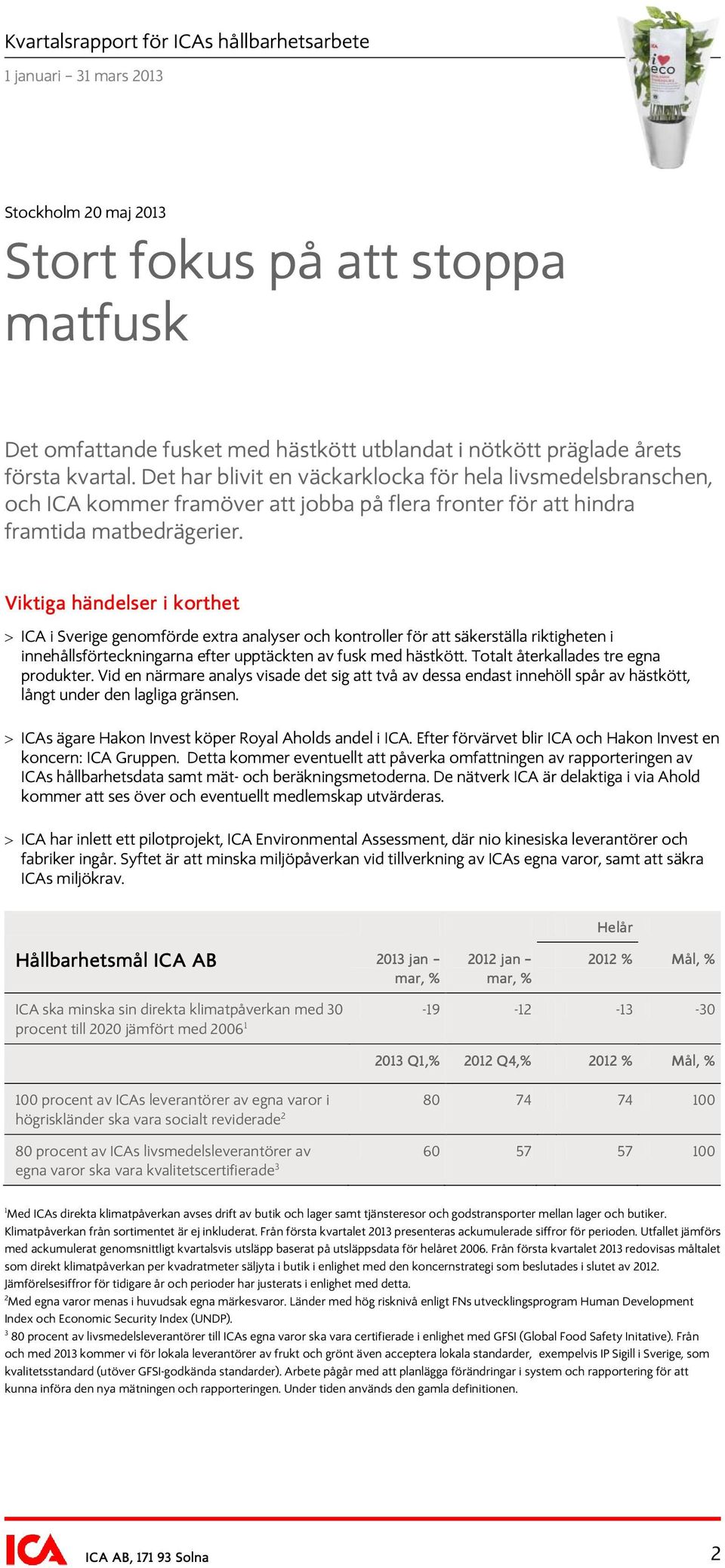 Viktiga händelser i korthet > ICA i Sverige genomförde extra analyser och kontroller för att säkerställa riktigheten i innehållsförteckningarna efter upptäckten av fusk med hästkött.