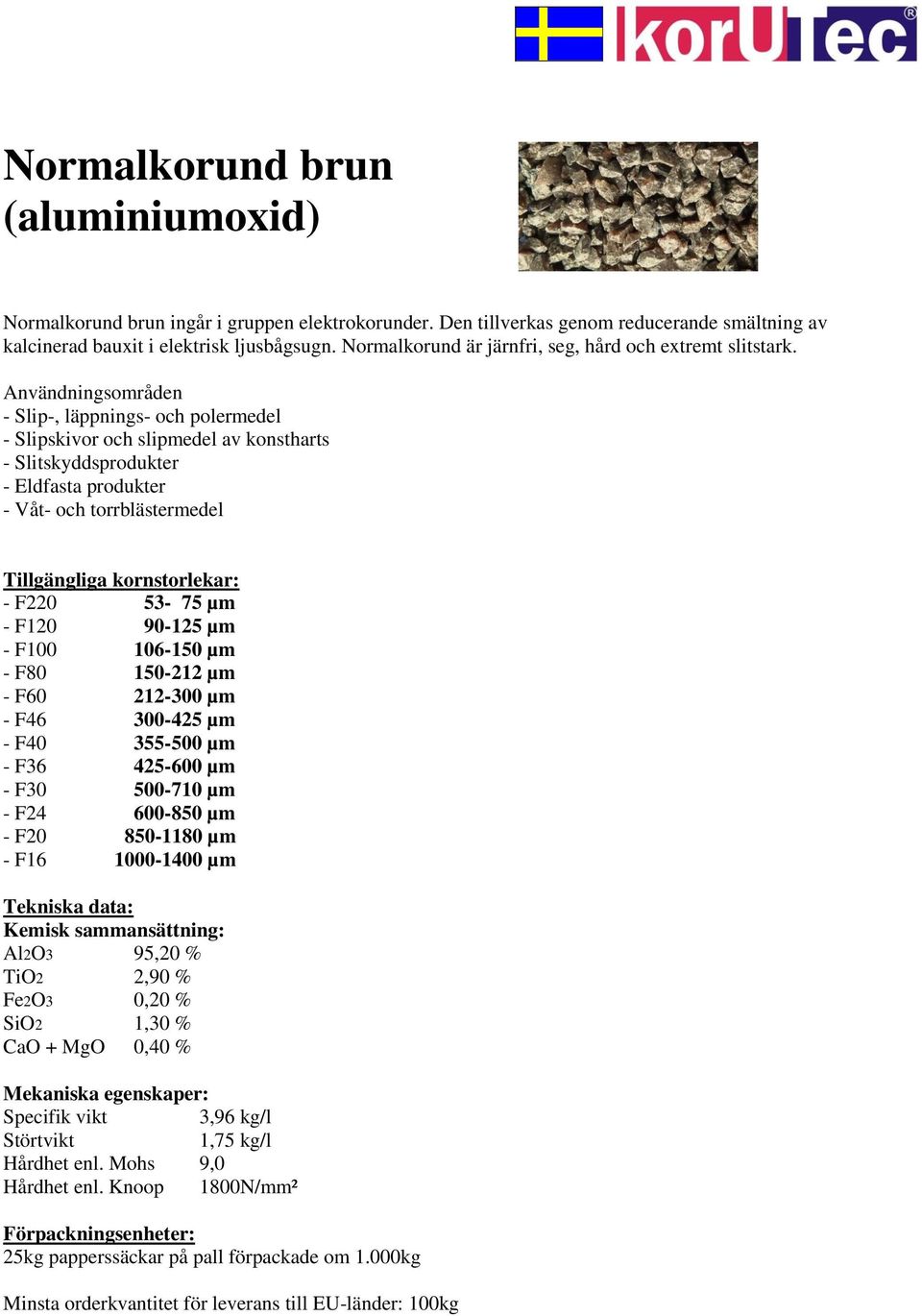 Användningsområden - Slip-, läppnings- och polermedel - Slipskivor och slipmedel av konstharts - Slitskyddsprodukter - Eldfasta produkter - Våt- och torrblästermedel Tillgängliga kornstorlekar: -