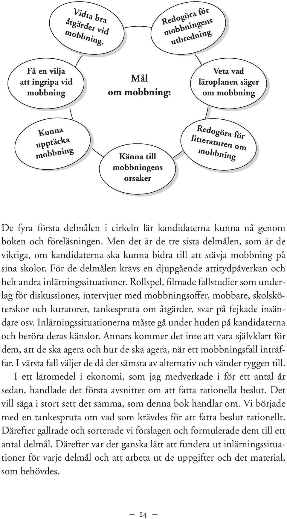 litteraturen om mobbning De fyra första delmålen i cirkeln lär kandidaterna kunna nå genom boken och föreläsningen.