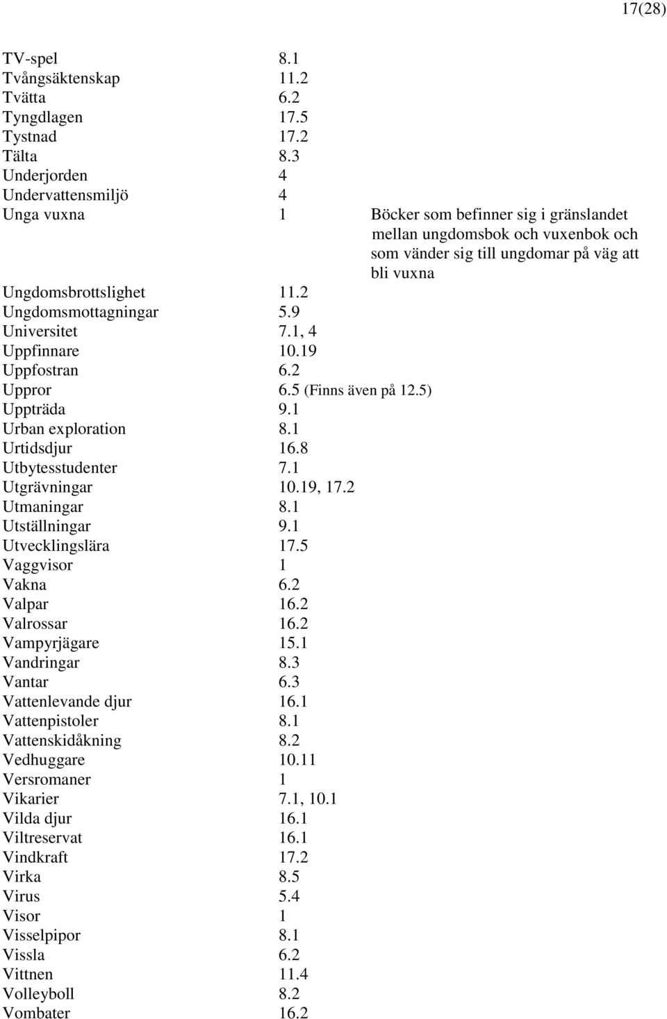 2 Ungdomsmottagningar 5.9 Universitet 7.1, 4 Uppfinnare 10.19 Uppfostran 6.2 Uppror 6.5 (Finns även på 12.5) Uppträda 9.1 Urban exploration 8.1 Urtidsdjur 16.8 Utbytesstudenter 7.1 Utgrävningar 10.