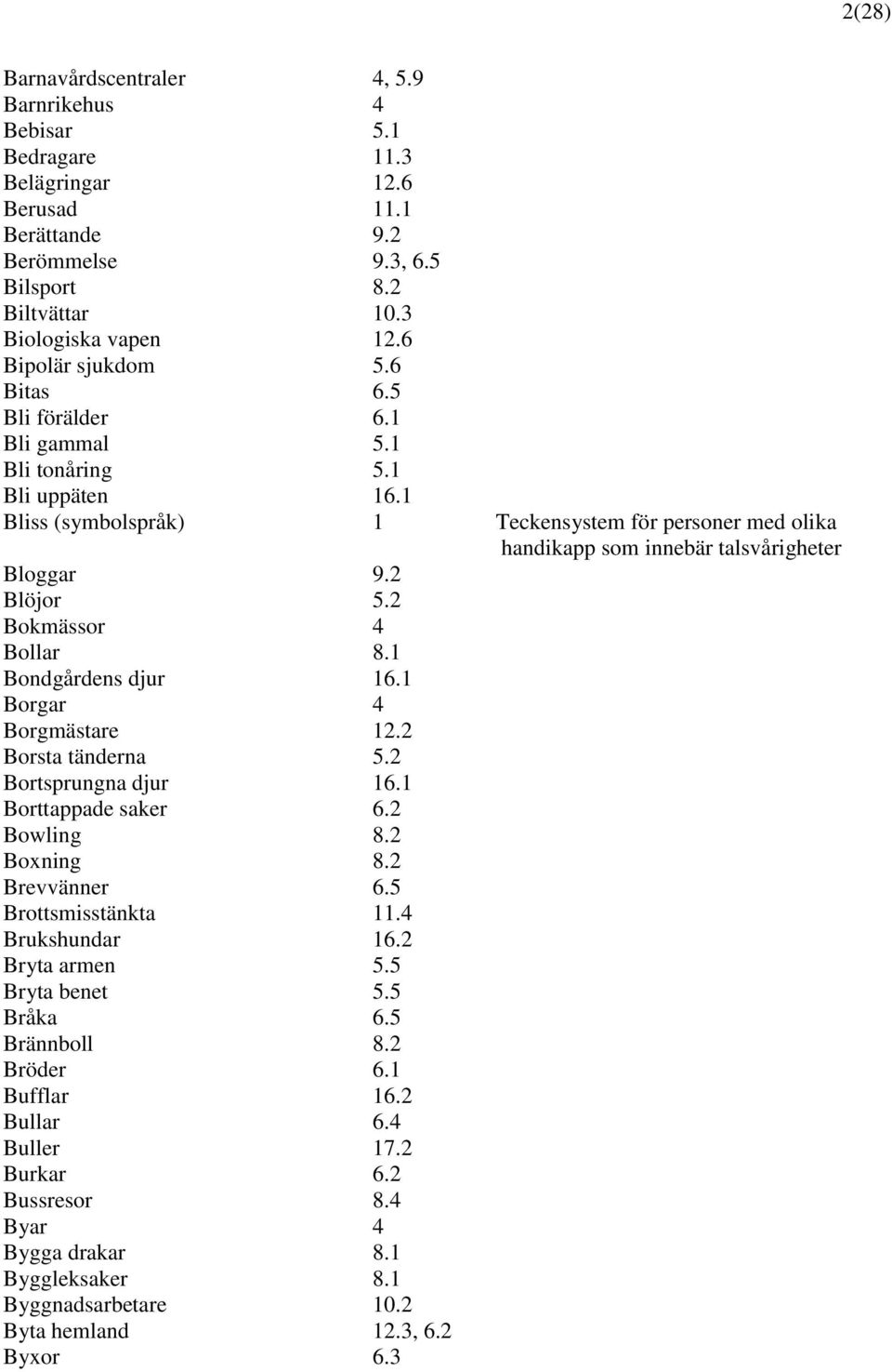 1 Bliss (symbolspråk) 1 Teckensystem för personer med olika handikapp som innebär talsvårigheter Bloggar 9.2 Blöjor 5.2 Bokmässor 4 Bollar 8.1 Bondgårdens djur 16.1 Borgar 4 Borgmästare 12.