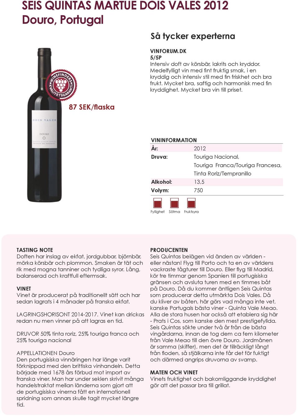 87 SEK/flaska År: 2012 Druva: Touriga Nacional, Touriga Franca/Touriga Francesa, Tinta Roriz/Tempranillo Alkohol: 13,5 Fyllighet Sötma Fruktsyra Doften har inslag av ekfat, jordgubbar, björnbär,