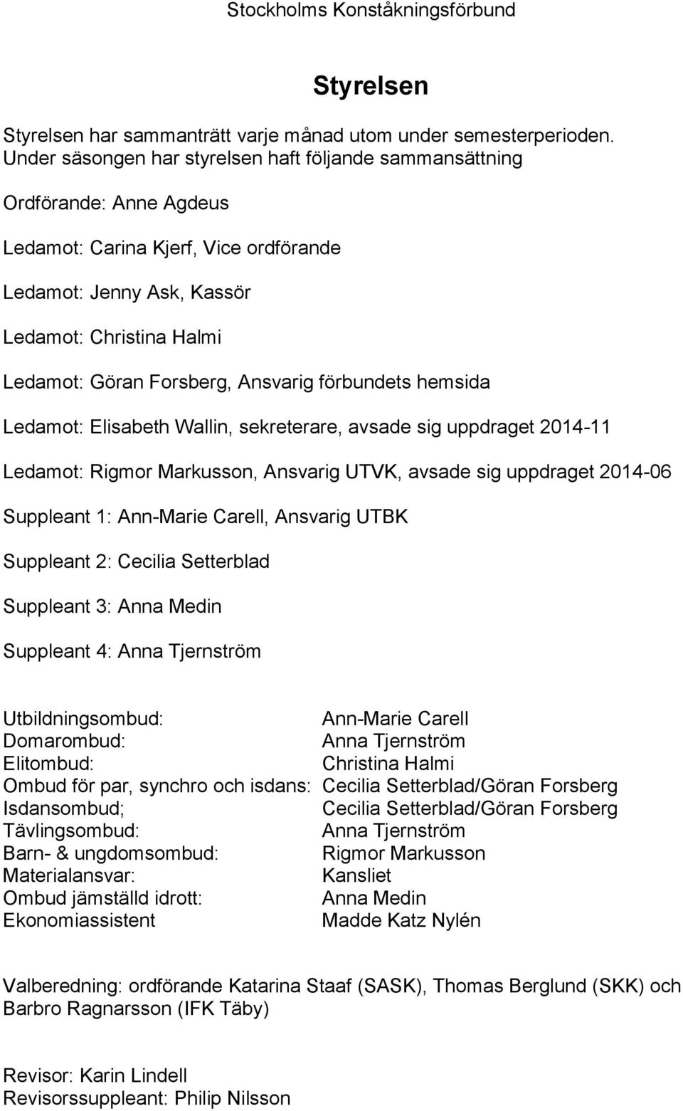 Ansvarig förbundets hemsida Ledamot: Elisabeth Wallin, sekreterare, avsade sig uppdraget 2014-11 Ledamot: Rigmor Markusson, Ansvarig UTVK, avsade sig uppdraget 2014-06 Suppleant 1: Ann-Marie Carell,