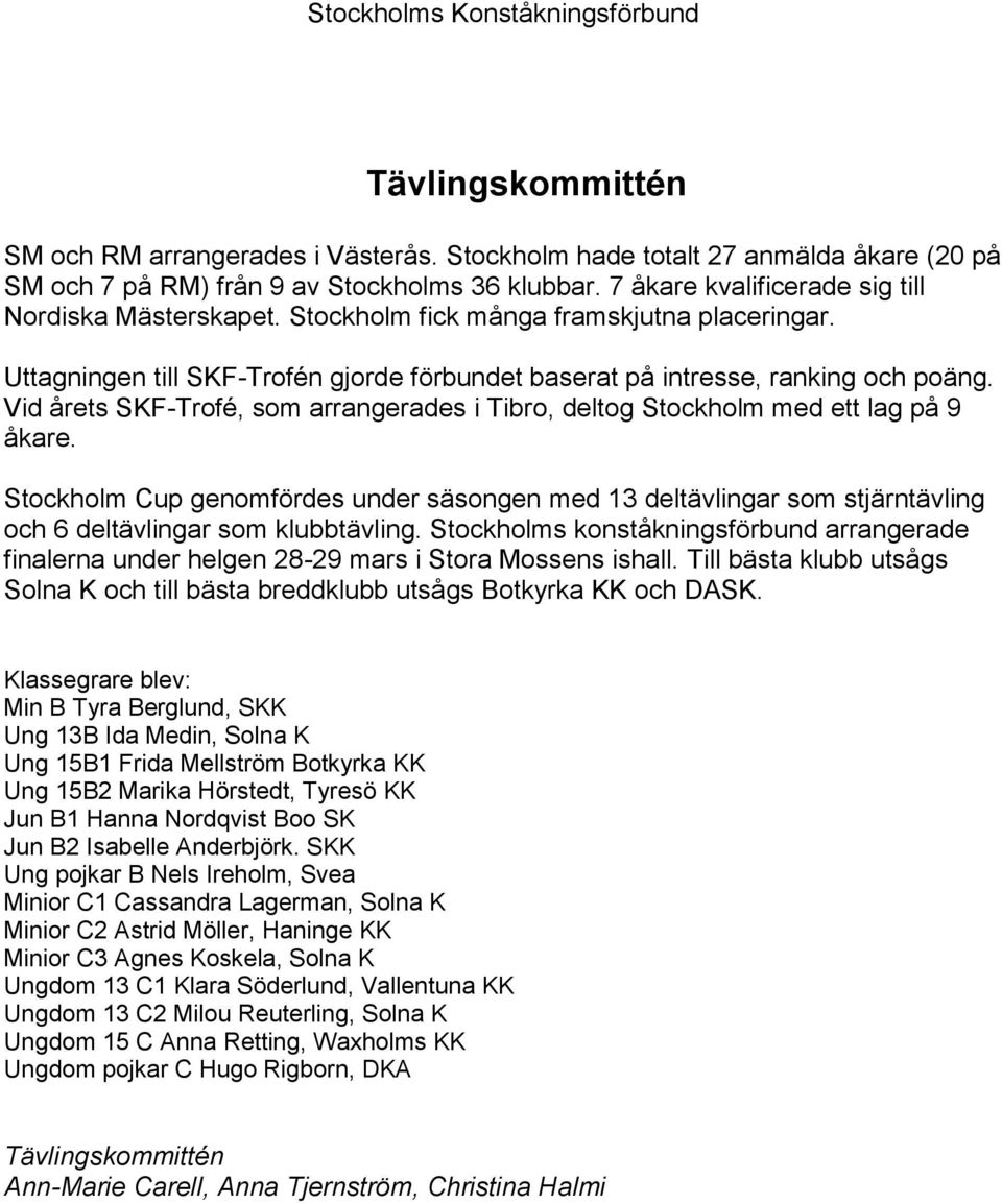 Vid årets SKF-Trofé, som arrangerades i Tibro, deltog Stockholm med ett lag på 9 åkare.
