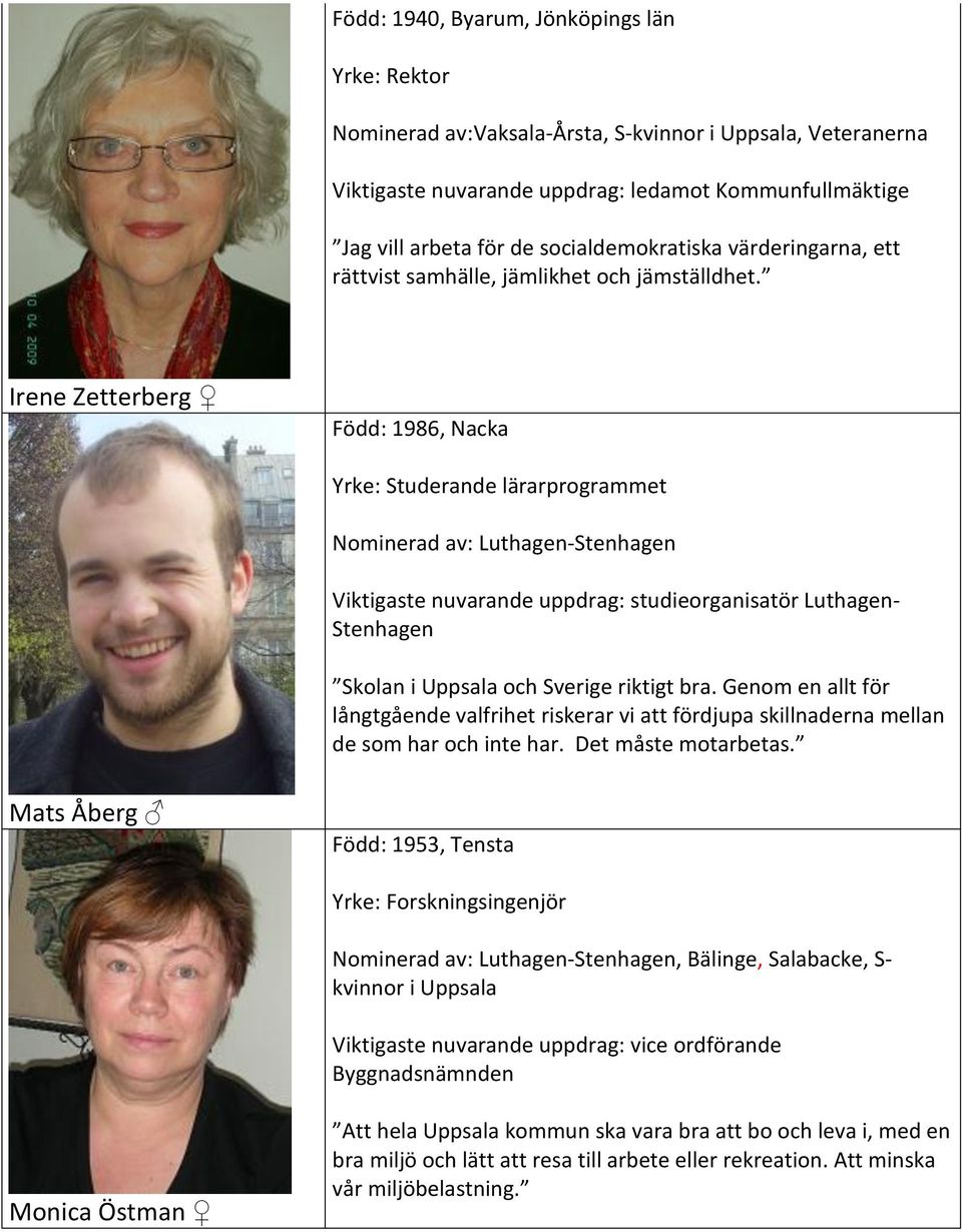 Irene Zetterberg Född: 1986, Nacka Yrke: Studerande lärarprogrammet Nominerad av: Luthagen-Stenhagen studieorganisatör Luthagen- Stenhagen Skolan i Uppsala och Sverige riktigt bra.