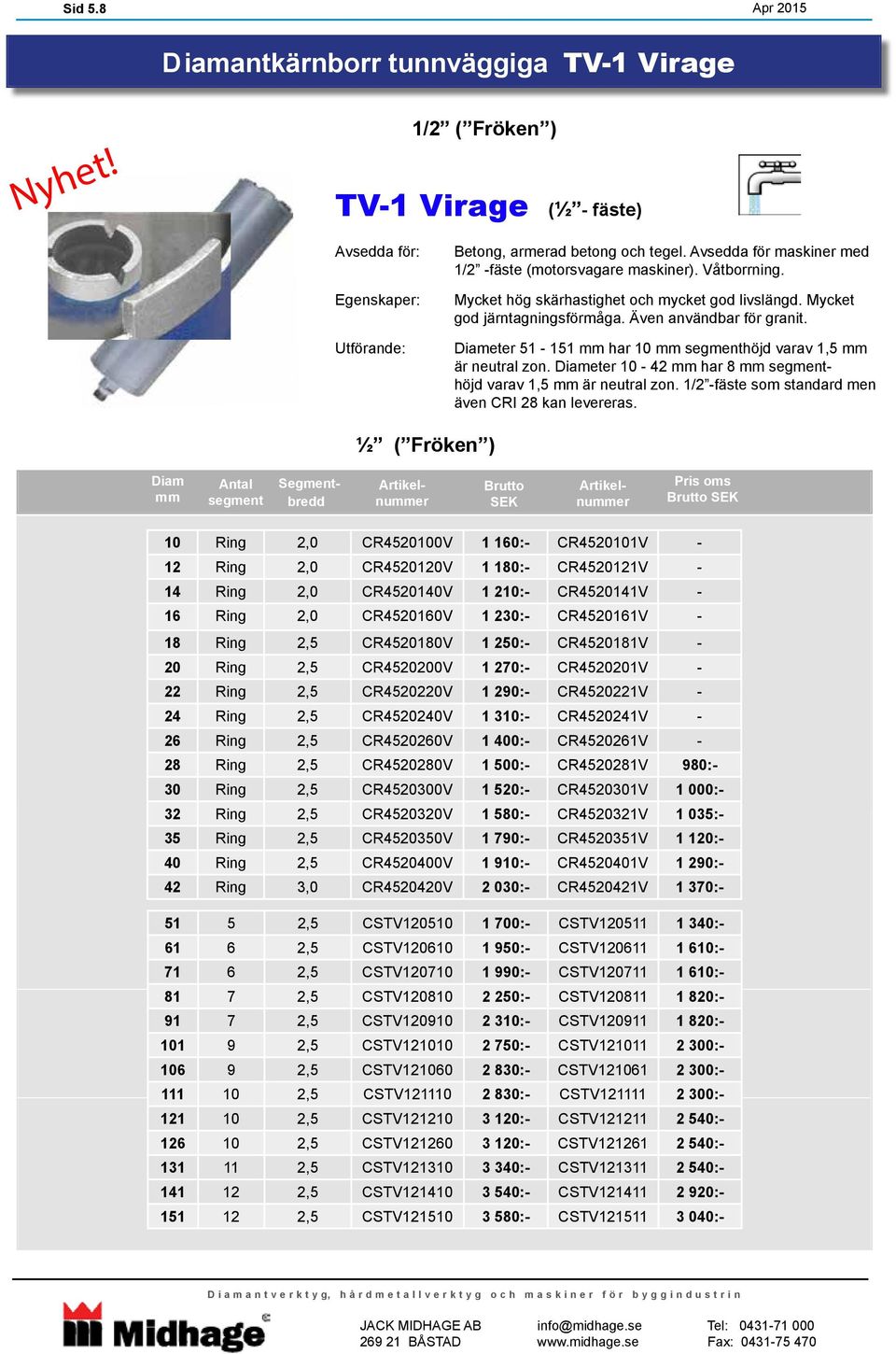 Diameter 51-151 mm har 10 mm segmenthöjd varav 1,5 mm är neutral zon. Diameter 10-42 mm har 8 mm segmenthöjd varav 1,5 mm är neutral zon. 1/2 -fäste som standard men även CRI 28 kan levereras.